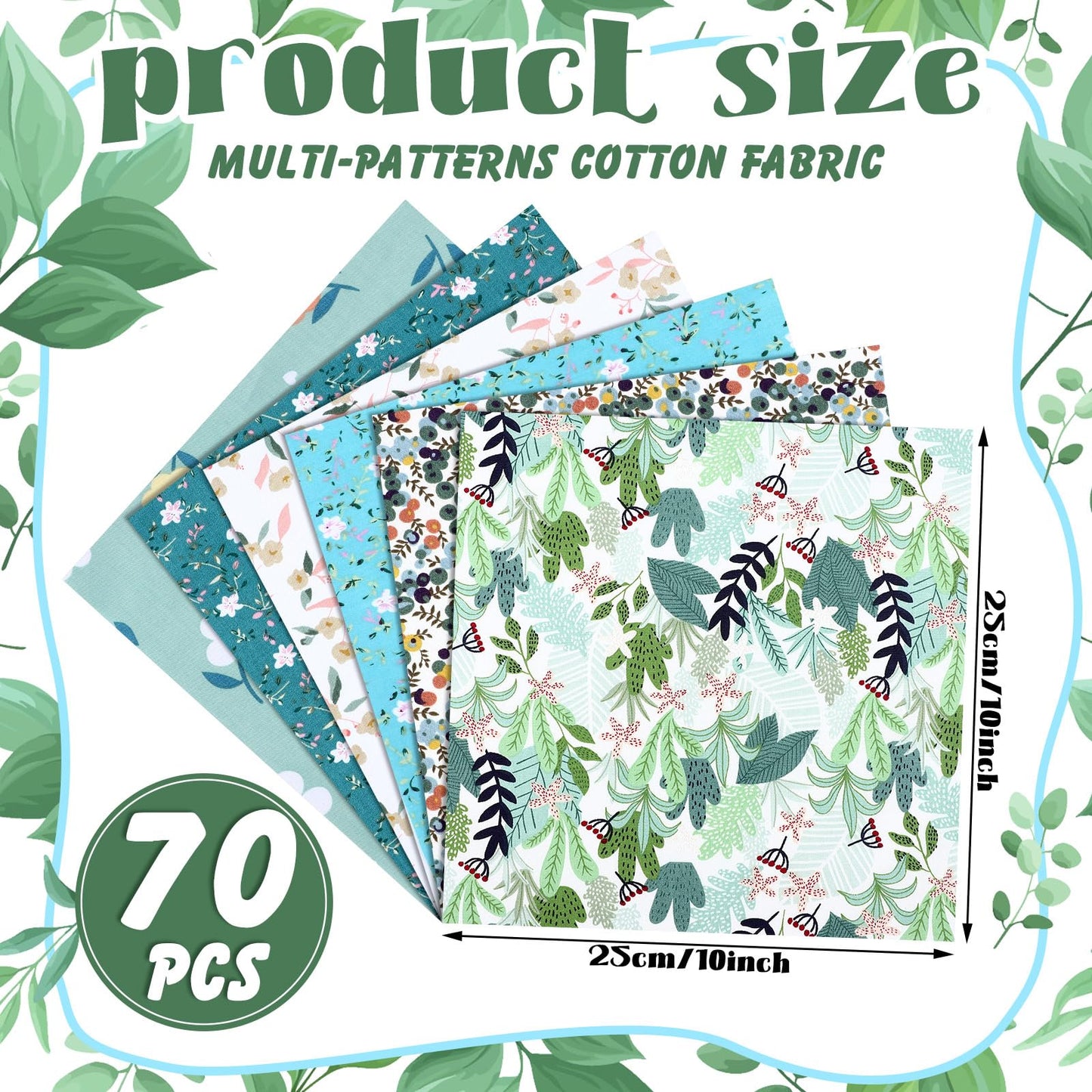 Tudomro 70 Pcs 10 x 10 Inch Green Floral Cotton Fabric Square for Quilting Sage Mint Green Sewing Precut Fabric Bundle Assorted Flower Printed Patchwork Materials for Holiday DIY Craft Handmade Cloth
