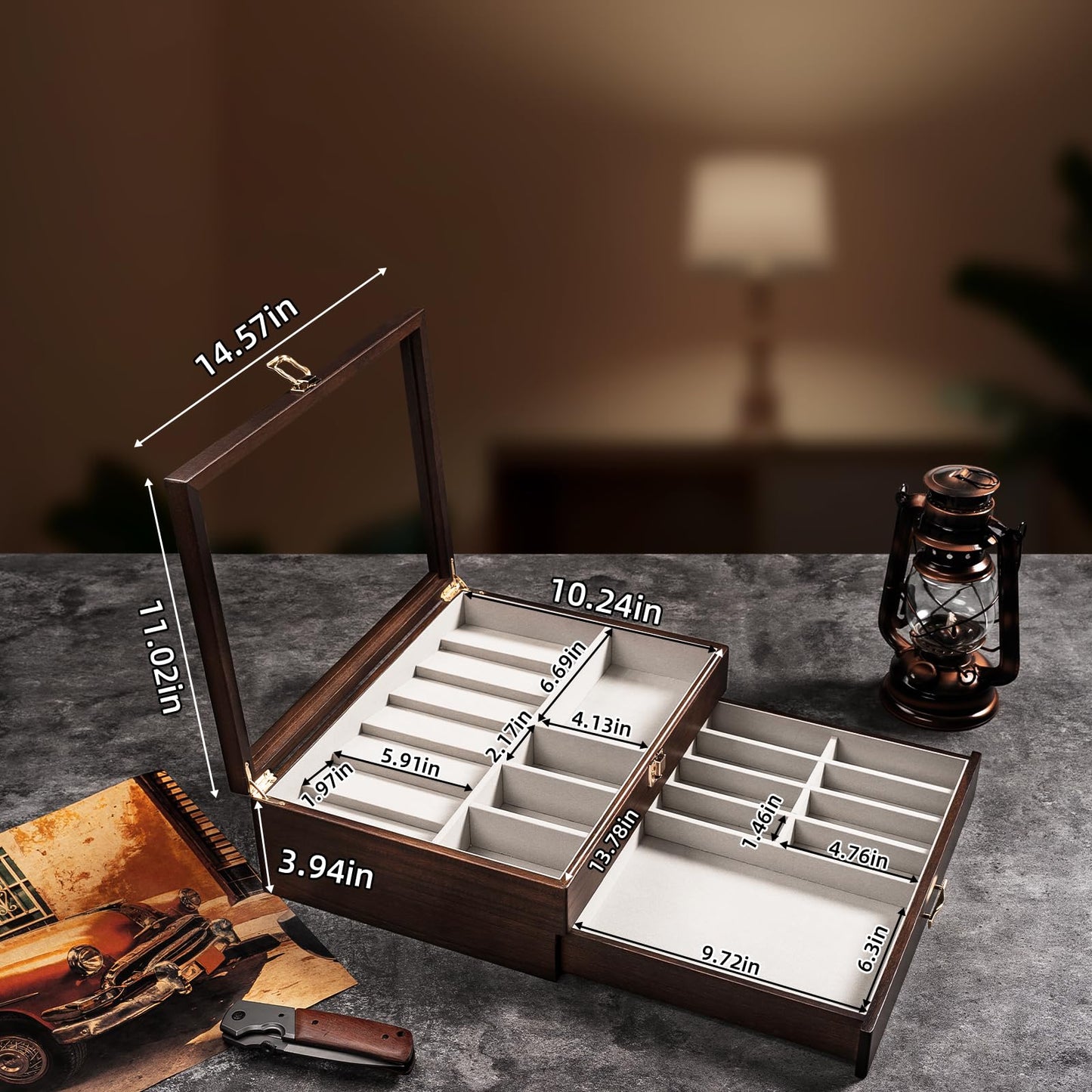 Emfogo Pocket Knife Display Case for Collection of 18-24 Folding Knives, Pocket Case with Real Glass Window Top, Two-Tier Knife Organizer Storage Box, Men's Gift (Walnut)