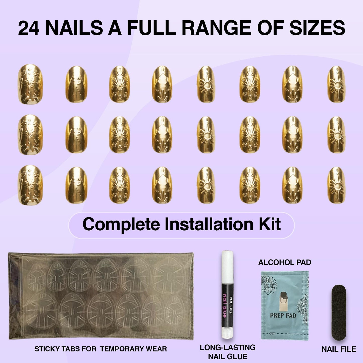 Rave Nailz Solstice Gilded Relic Press on Nails (24 Count) | Gold Foil 3d False Oval Press on Nail Egyptian-Inspired Short Metallic | Chip-Resistant Holiday Nails with Glue, File, Long-Lasting 2+week