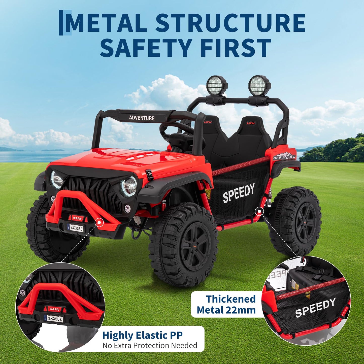 Garvee 24V Ride on Toys for Big Kids with Remote Control - 4WD Electric Car, 2 Seater UTV, Spring Suspension, Front & Behind LED Lights, Dual Storage, 3 Speeds, Bluetooth Music, Parent Safety Brake,