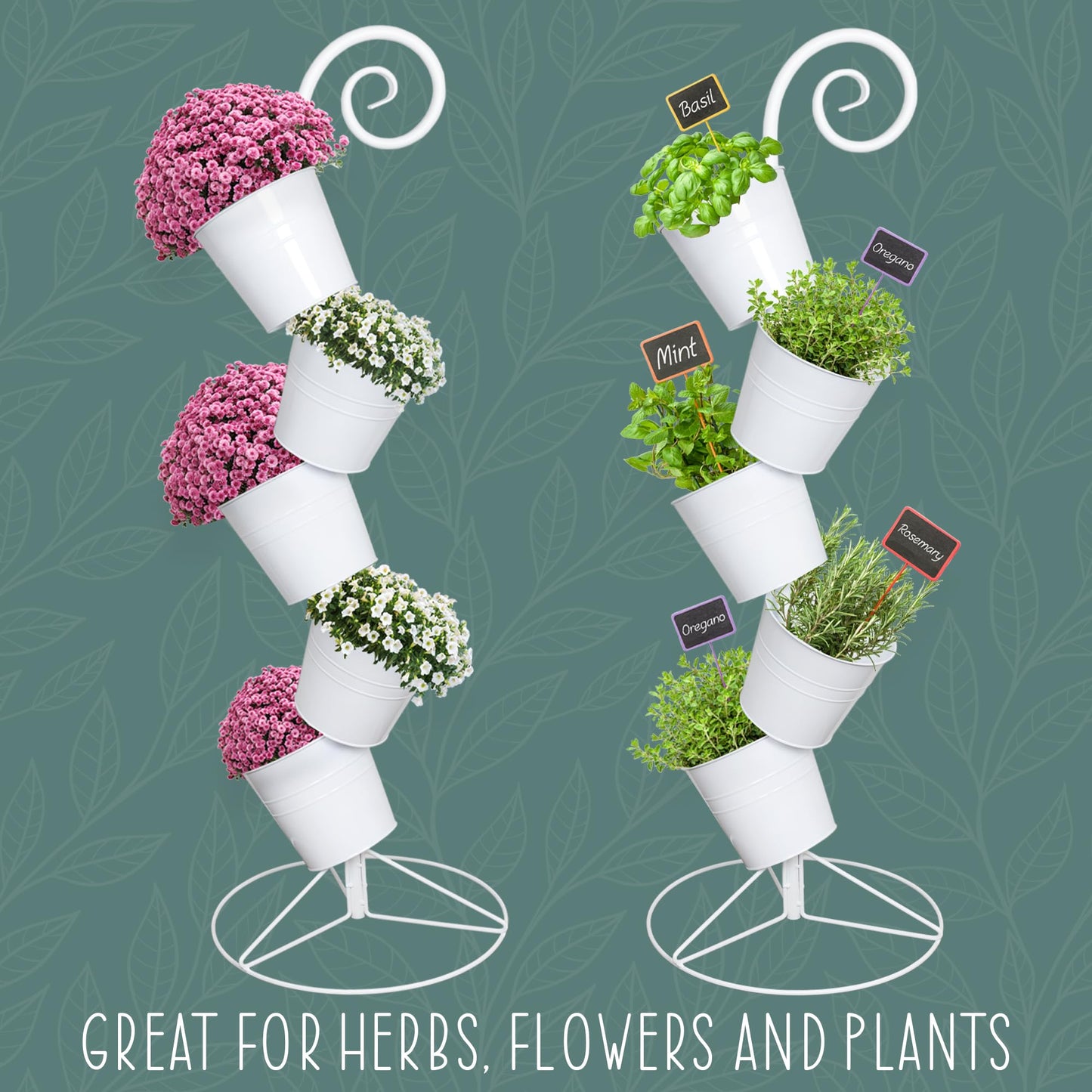 Esterno Hanging Flower Pot Tiered Stand (White), Metal Outdoor Stacking Planter