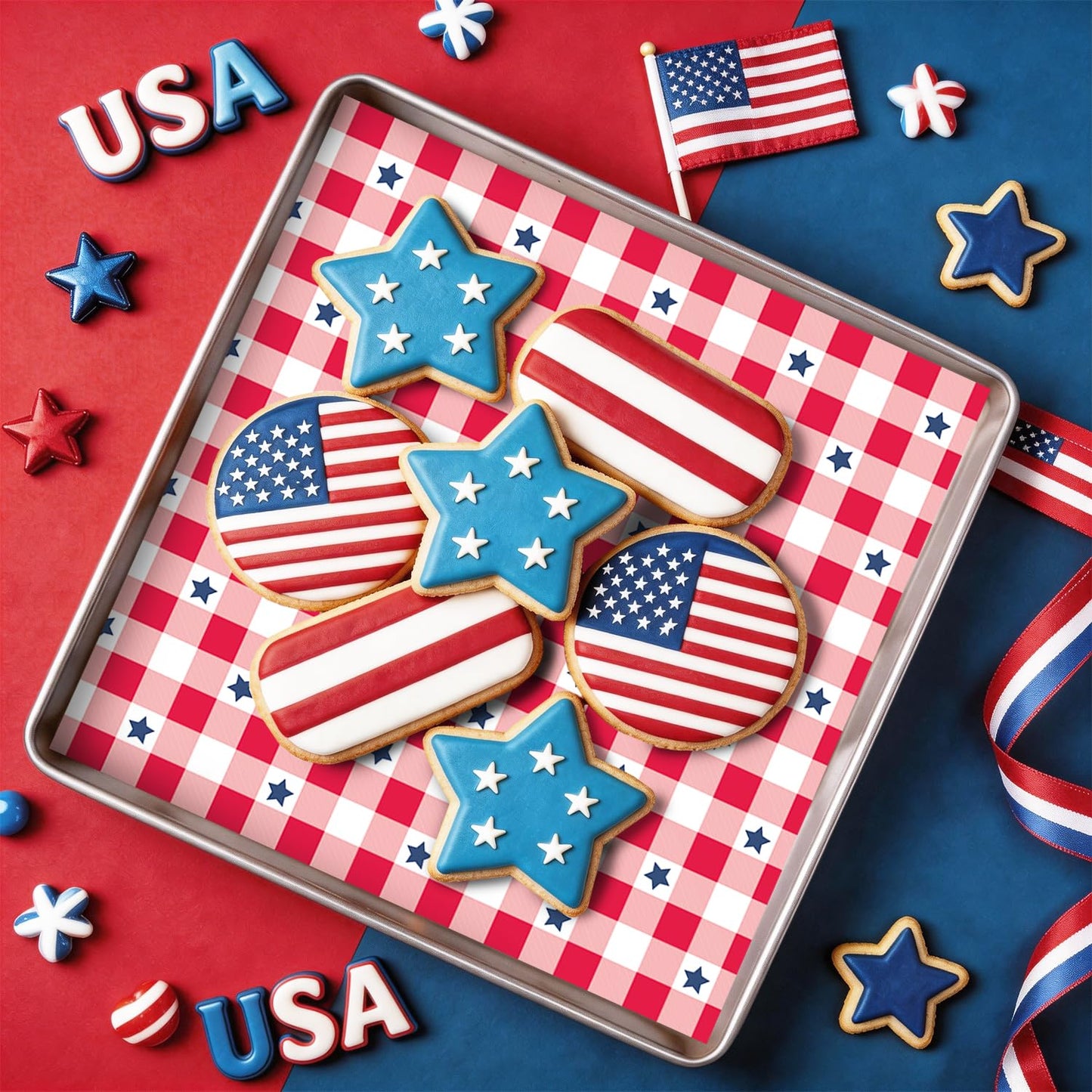 100 Pcs Patriotic Wax Paper for Food, 4th of July Red Plaid Blue Stars Parchment Decorative Oil-Proof Wrapping Basket Liners for Kitchen Party Supplies Cookie Box Dessert Deli Sandwich,9.8 x 9.8 Inch