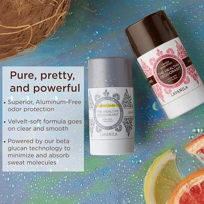 Lavanila Aluminum Free Natural Deodorant for Girls, Vanilla Grapefruit + Sport Luxe (2oz Each) - The Healthy Deodorant - Solid Stick, Vegan