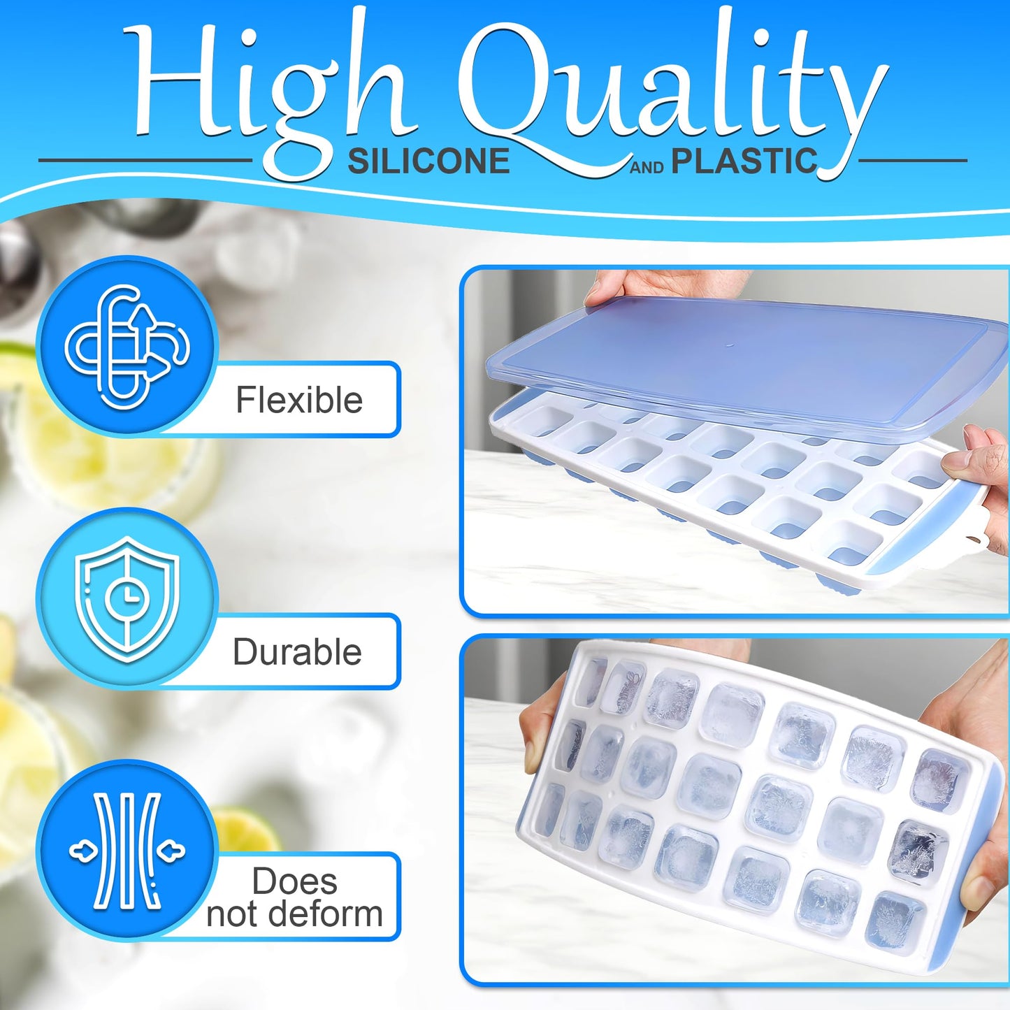 5 Pc Silicone Ice Cube Trays for Freezer with Lid - 12x4.8" (105 Cubes Total, 21 per Mold) Silicone Ice Trays for Freezer Durable & Flexible Molds, Easy to Use & Clean, Good for Home & Commercial Use