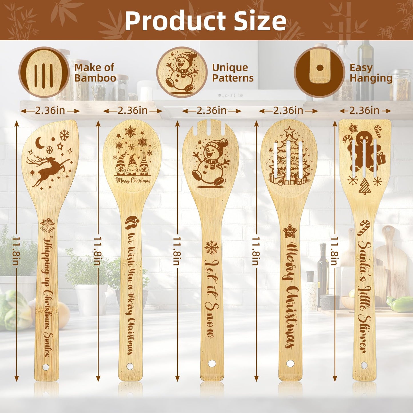 Christmas Cooking Spoons Set with Canvas Bag, 5Pcs Bamboo Non-Stick Cooking Utensils, Kitchen Accessories Housewarming Gift for Friend Women Men, Funny Thanksgiving Christmas Gift for Mom Dad