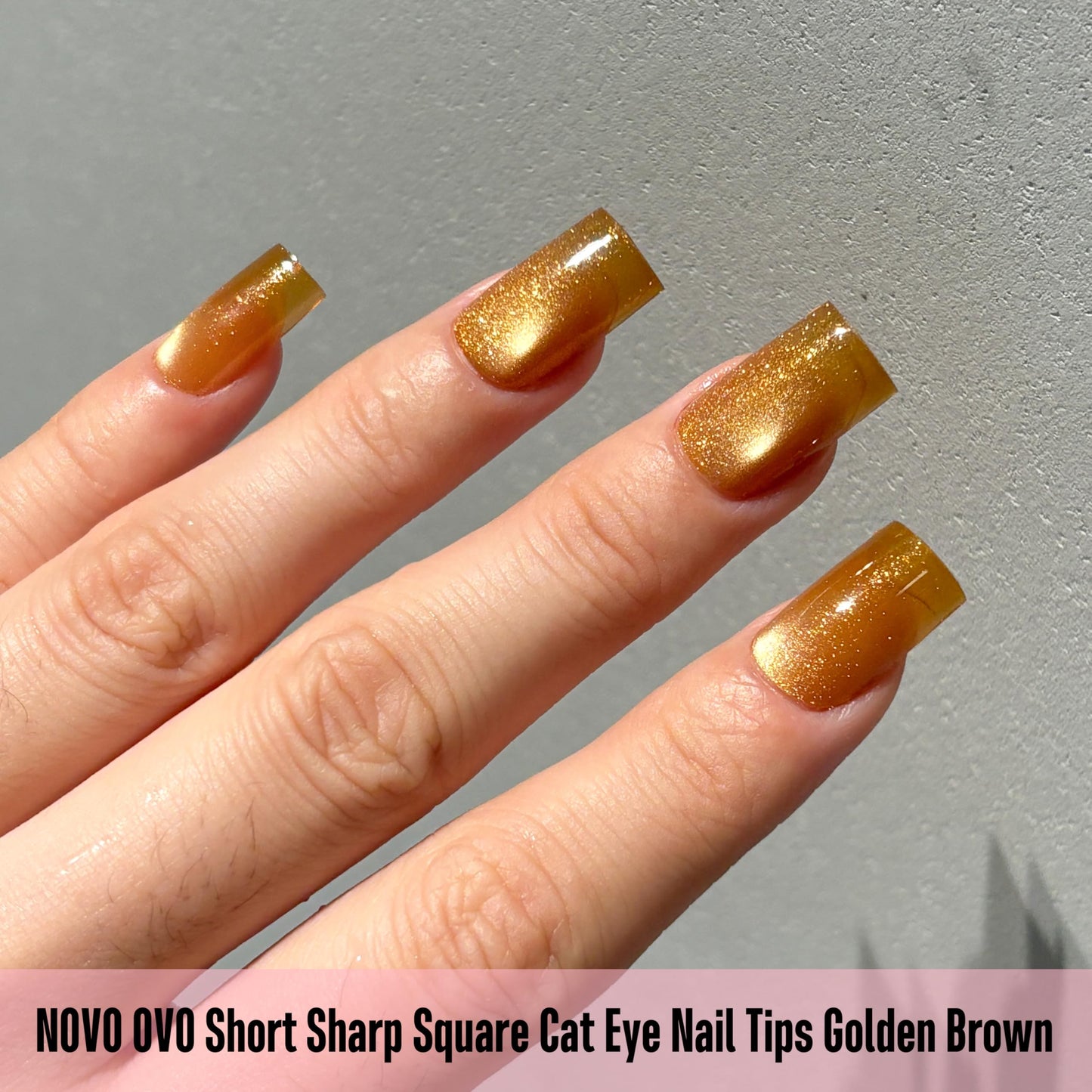 NOVO OVO Short Square Nail Tips 150Pcs Cat Eye, Golden Brown Sharp Square Gel X Nail Tips, Glossy Finished with Top Coat, Full Cover Fake Nails No C Curve for Home DIY Typing Scenario, 15 Sizes