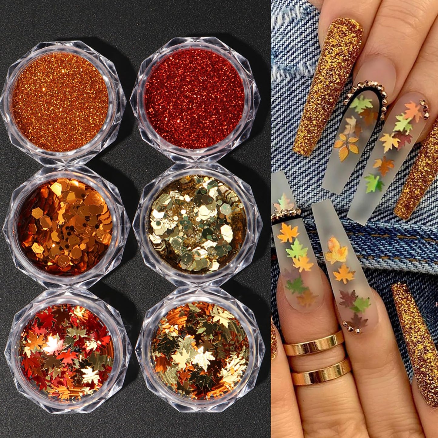 Thanksgiving Fall 3D Maple Leaf Nail Art Glitter Sequins, Mixed Red & Orange Nail Glitter Powder Polygons Sequins Fall Nail Decals for for Women Nail Decorations Supplies DIY Manicure Accessories