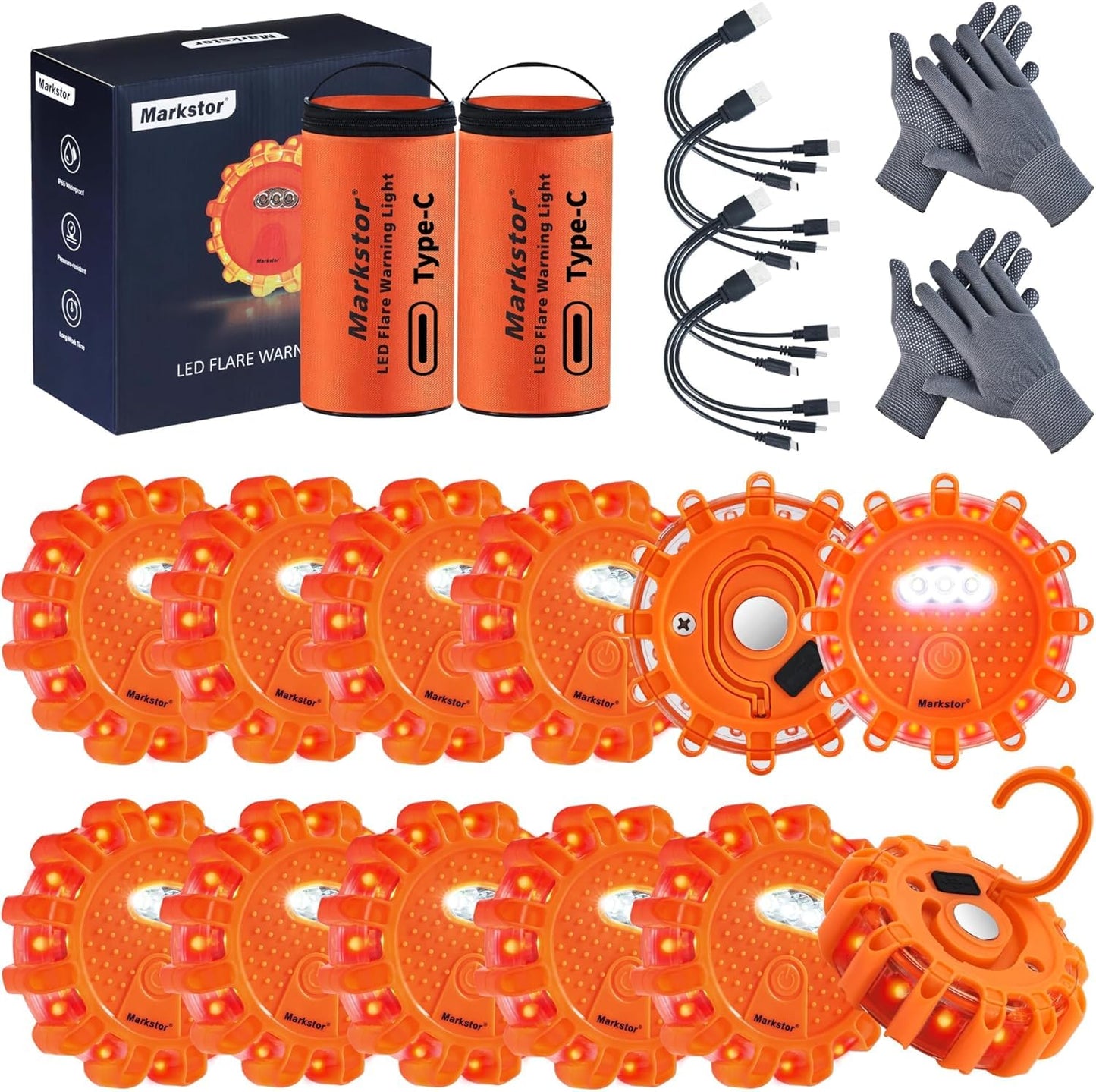 Markstor LED Road Flares 12 Pack Roadside Emergency Car Kit, USB Rechargeable (lithium battery) Road Safety Flare Light,9 Flash Modes,With Magnet & Hook Safety Beacon Warning Light (12 Pack)