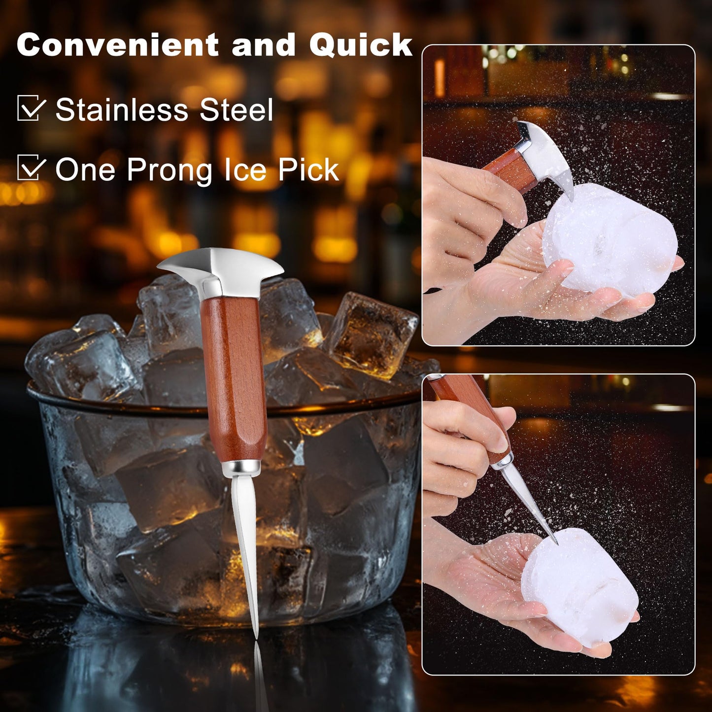 4Pcs Ice Pick Set, Stainless Steel Ice Chipper with Wood Handle, Bartender Kit Ice Crusher with Tong Ideal for Bars, Kitchen and Carving Craft Art