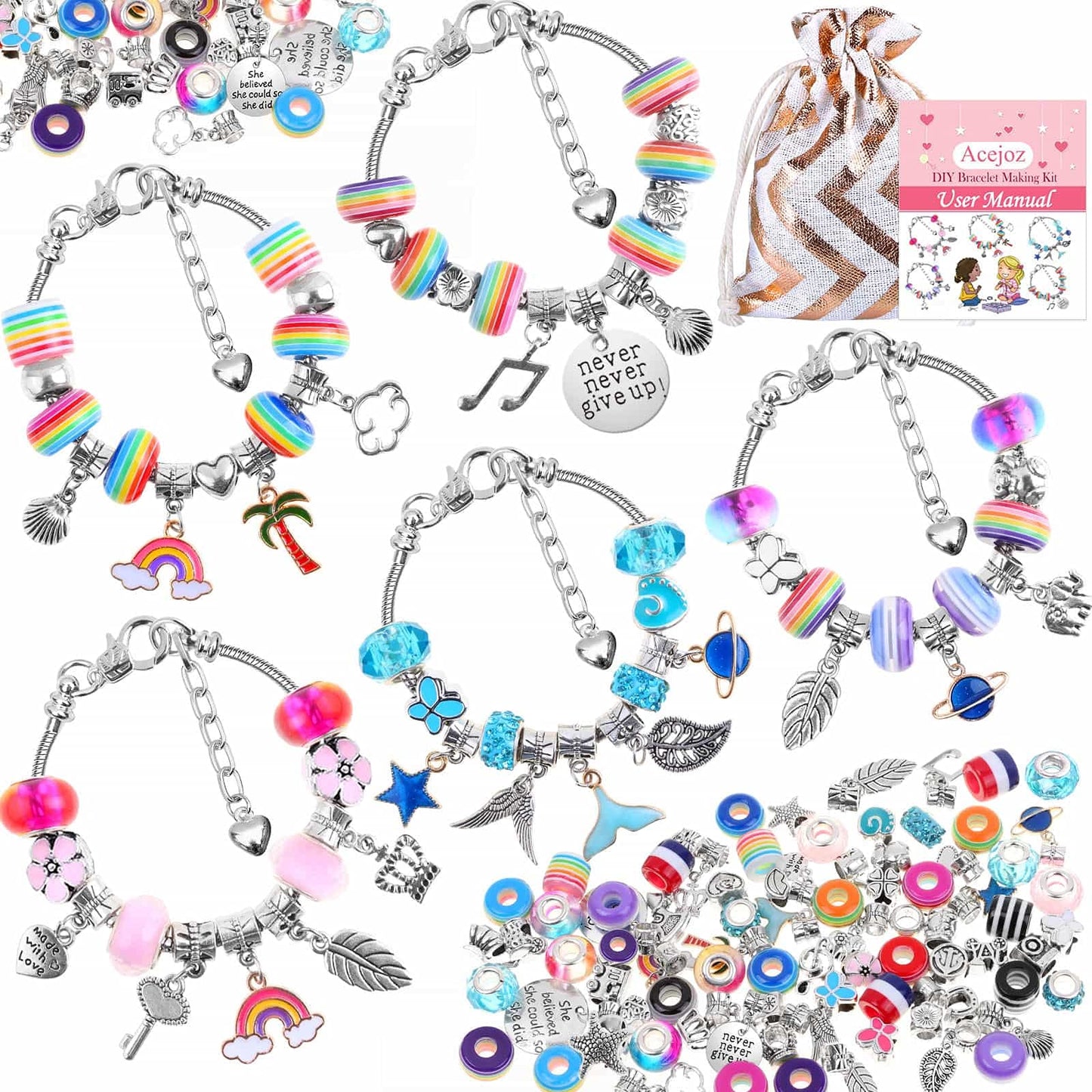 Acejoz 85 Pcs Charm Bracelet Making Kit, DIY Charm Bracelets Beads for Adults and Beginner Jewelry Making Kit