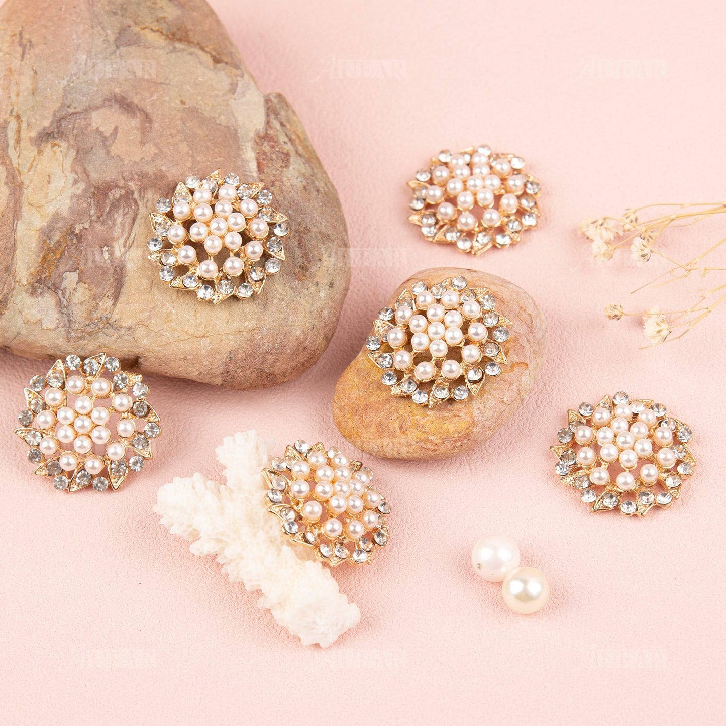 AUEAR, 15 Pack Gold Rhinestone Pearl Flower Buttons Flatback Crystal Embellishments for Jewelry Making Clothing DIY Craft