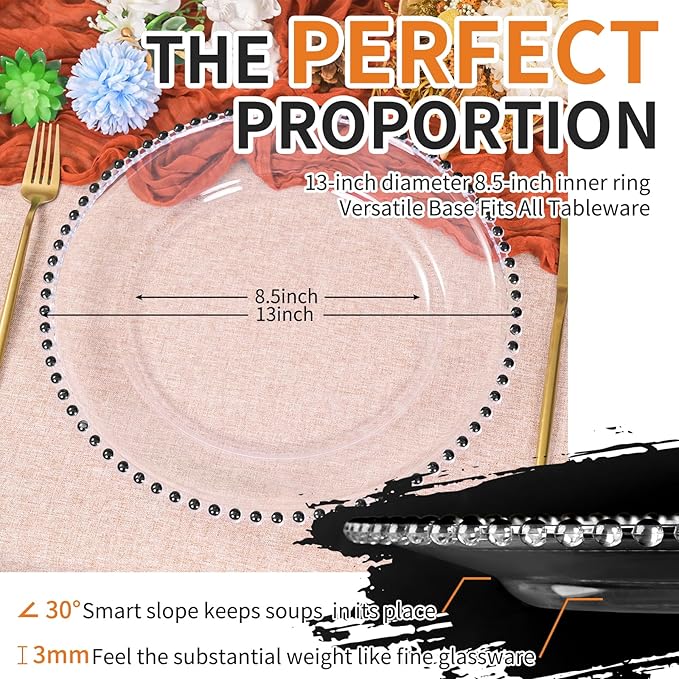 12 Pack Clear Charger Plates Bulk Wedding, 13 Inch Plastic Round Dinner Chargers with Black Beaded Rim, Acrylic Round Decorative Plates for Wedding Party Home and Tabletop Decor (Black)
