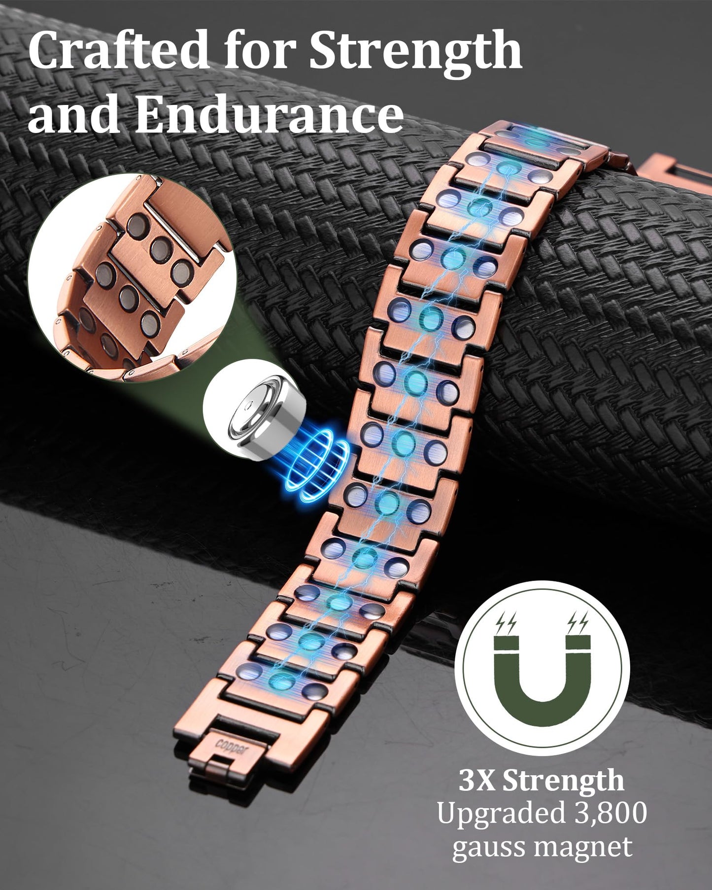 Fashtour 3X Copper Bracelet for Men, Triple Ultra Strength Magnets, Pure Copper Magnetic Bracelet and Ring Set, Adjustable Length with Sizing Tool(Copper)