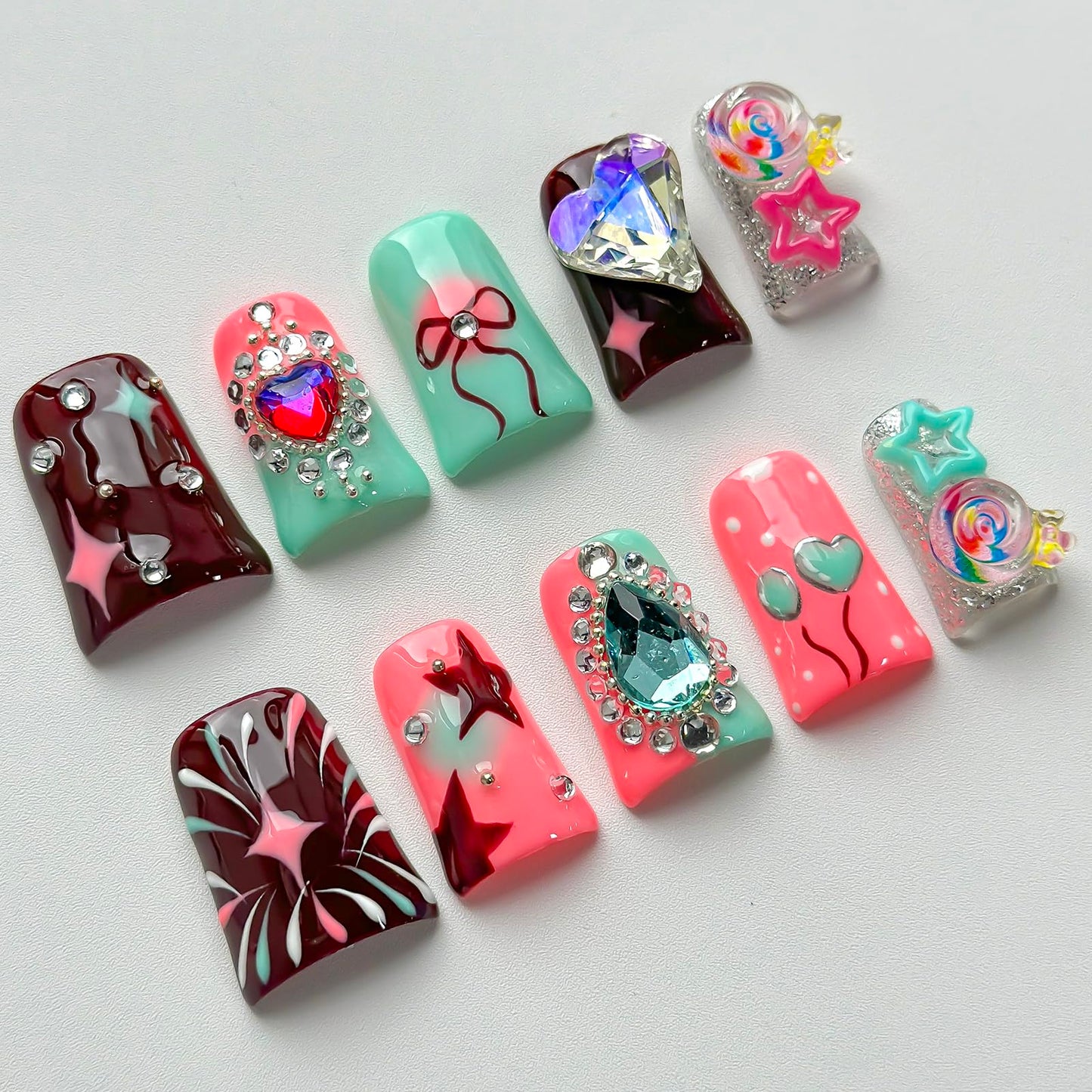 Luxury Press on Nails Short Duck Handmade 3D Unique Reusable ABS Material Fake Nails Pink Cute False Nails with Designs Rhinestones Stars Lollipop Glossy Glue on Nail Thick Acrylic Nail(M)