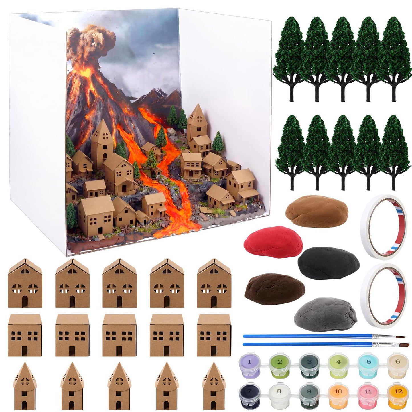 ReliThick 30 Pcs Volcano Diorama Kit Volcano Science Kit Diorama Science Project Model Miniature Village Model Trees Clay Acrylic Paints Display Box and Accessories DIY