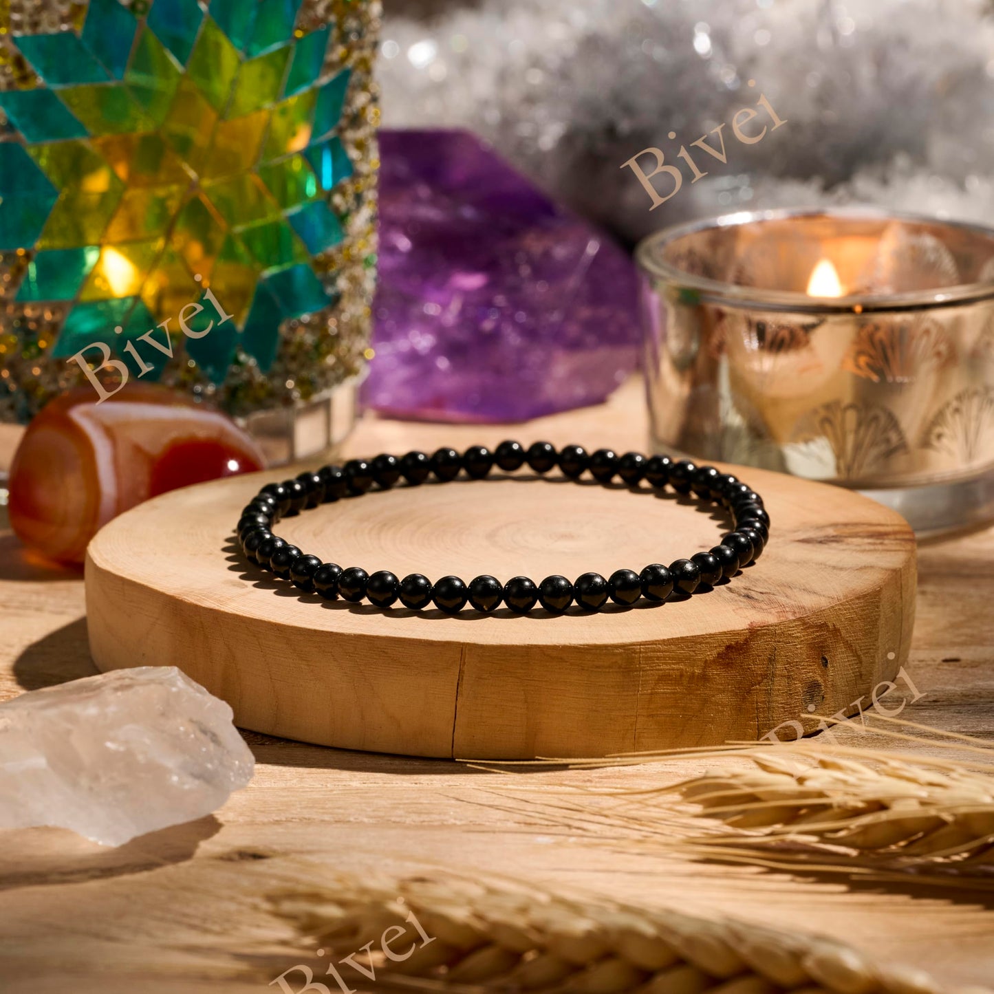Bivei Black Onyx - Grounding - 4mm Beaded Bracelets for Women Handmade Semi Precious Natural Stone Stretch Elastic Jewelry Yoga Protection Gifts Small