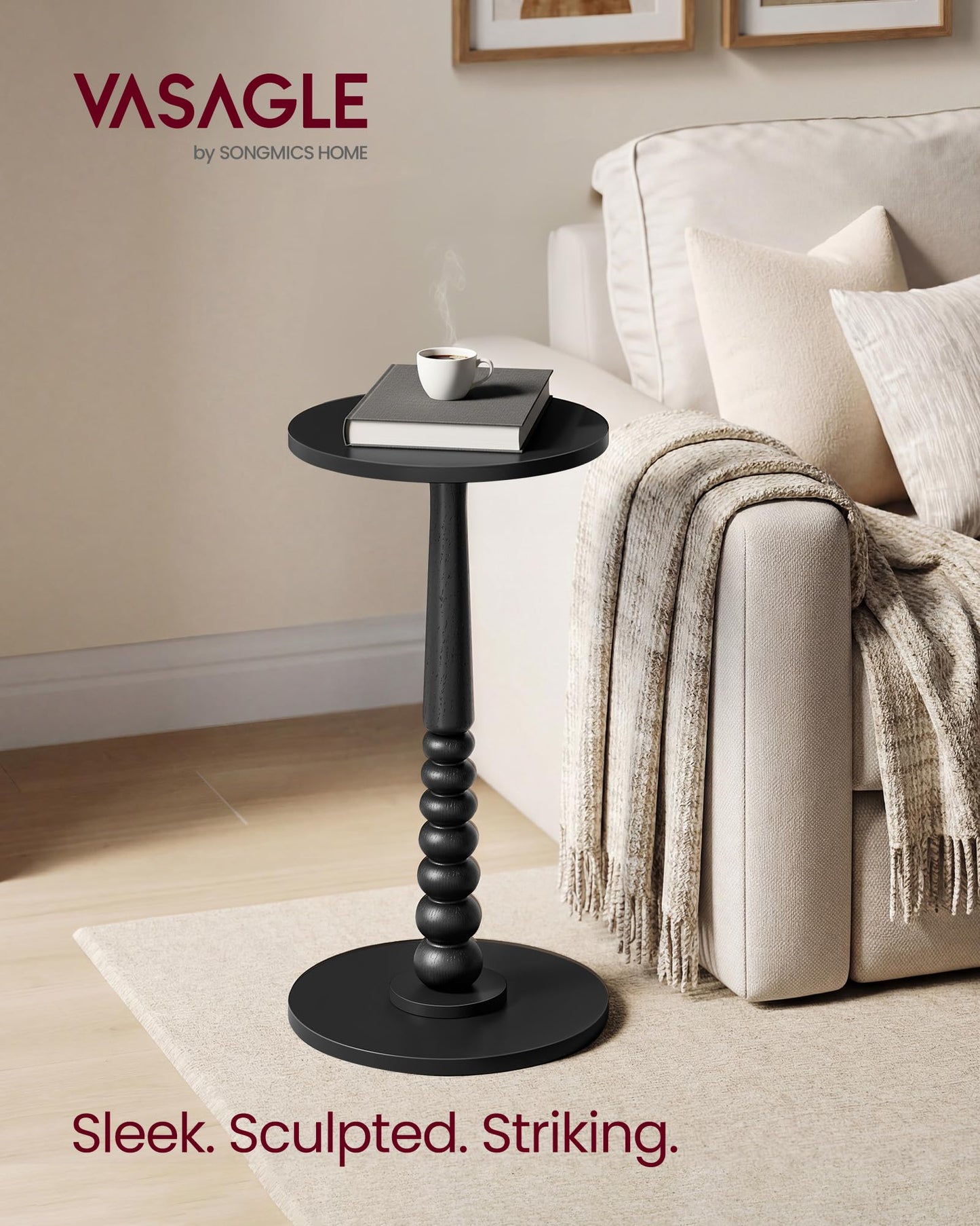 VASAGLE MARIEL Collection - Round Side Table, Small Drink End Table for Small Spaces, Accent Nightstand, Solid Wood Leg, Mid-Century Modern, for Living Room Bedroom, Ink Black ULET293BC01S