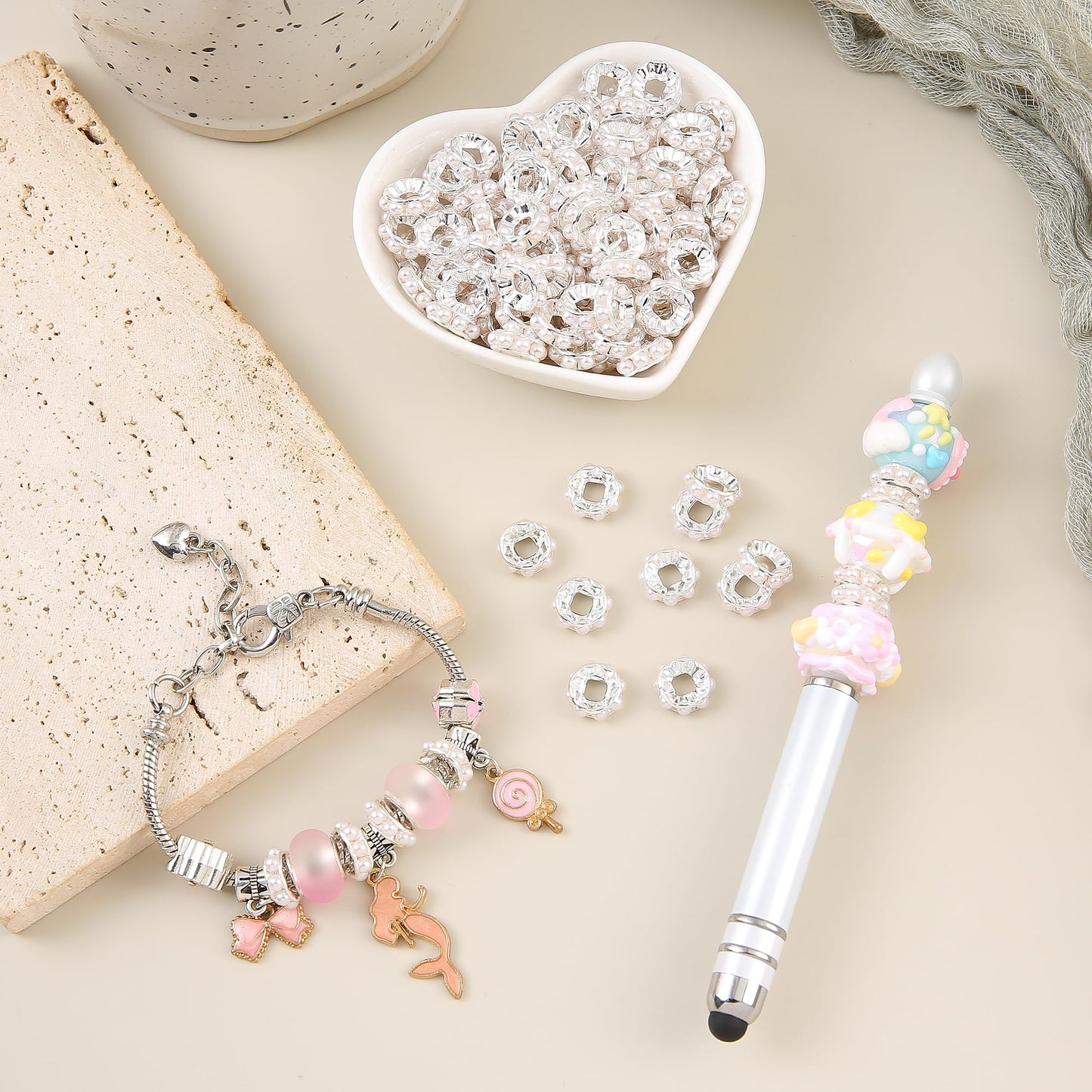 Upnedo 200PCS Large Hole Imitation White Pearl Spacer Beads 12mm Silver Plated Rondelle Spacers Faux Pearl Beads for Bracelets Beadable Pen Making DIY Jewelry