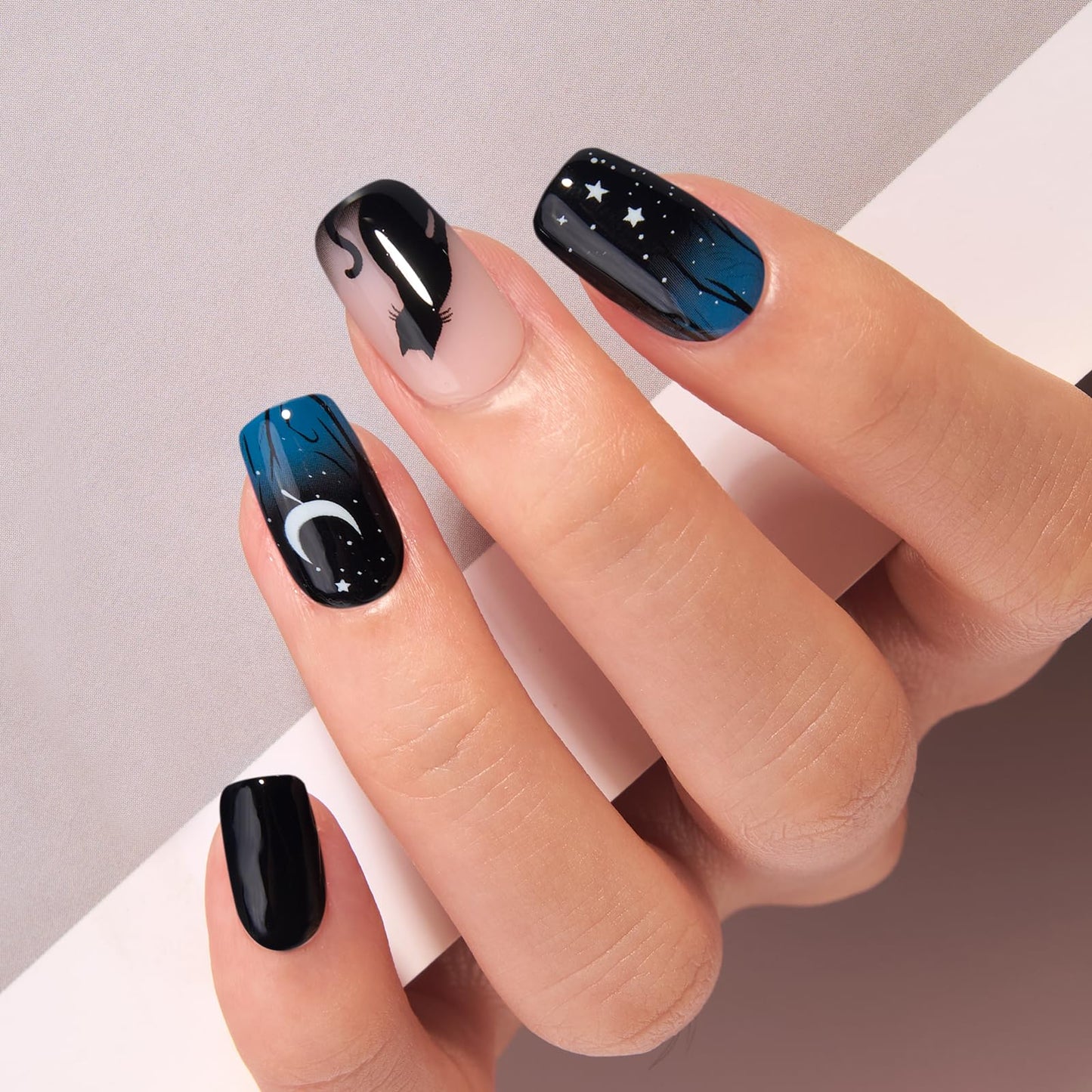 CurvLife Press on Nails Acrylic Fake Nails with Night Medium Square Design Full Cover False Nails for Women Reusable Nail Kit with Nail Glue Adhesive Tabs