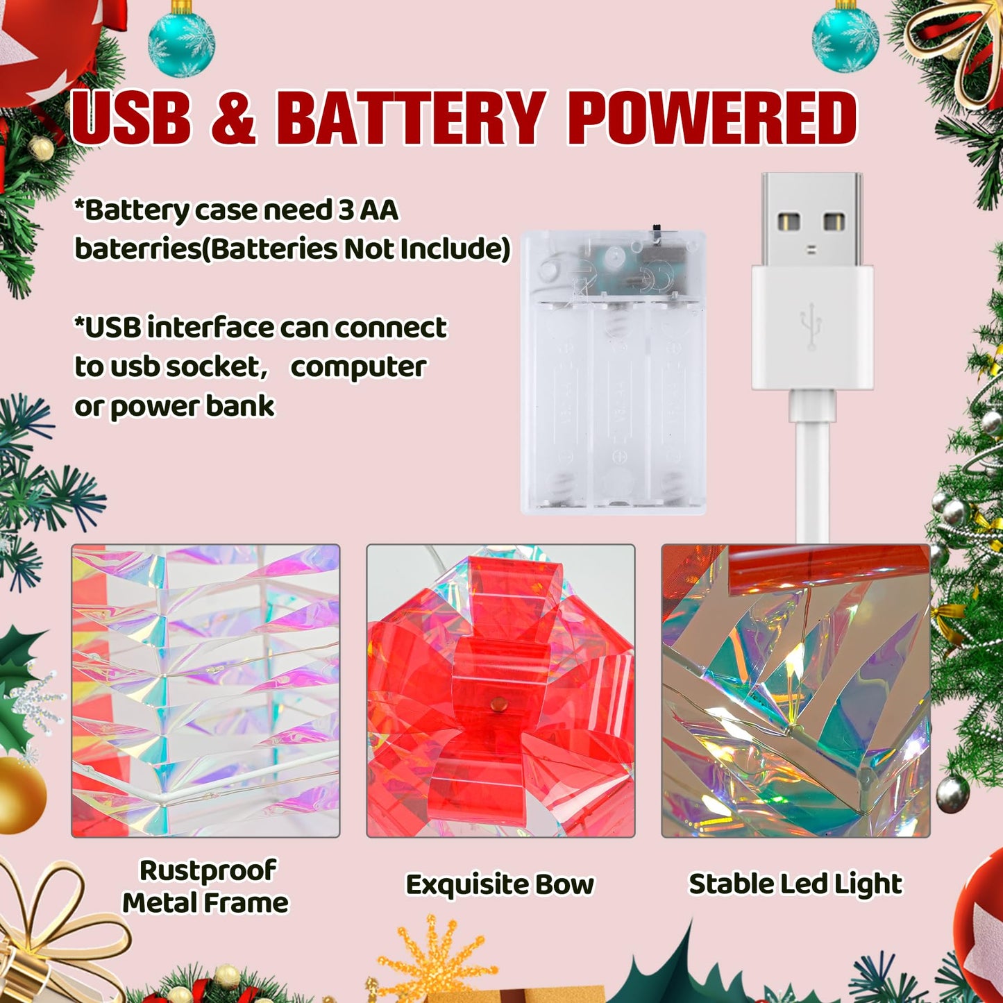 LAWOHO Christmas Lighted Gift Boxes Set of 3 Iridescent Present Boxes with Bow-Knot Battery &USB Powered Light up Box Decorations for Christmas Home Indoor Outdoor Holiday Decoration