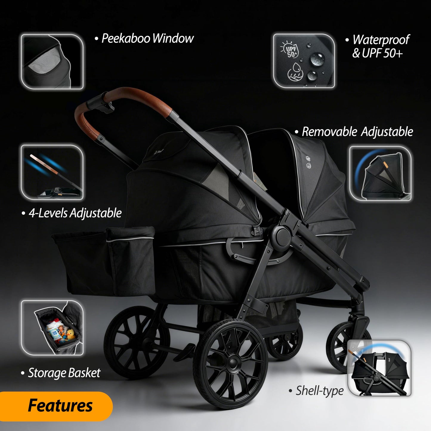 Wagon Stroller for 2 Kids, All-Terrain with Removable UV-Protection Canopy, Adjustable Push/Pull Handle, Snack Tray & Cup Holders, Perfect for Baby and Toddler（Khaki）