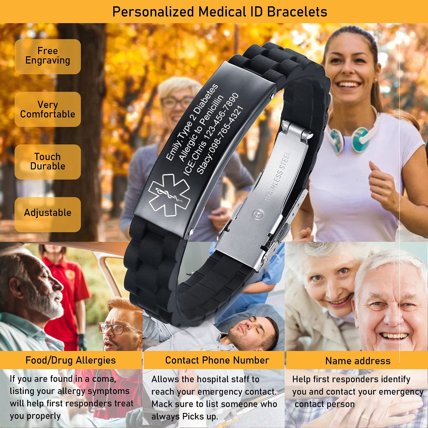 VNOX Type 2 Diabetes Medical Alert ID Black Silicone Rubber Stainless Steel Adjust Bracelet Wristband for Men