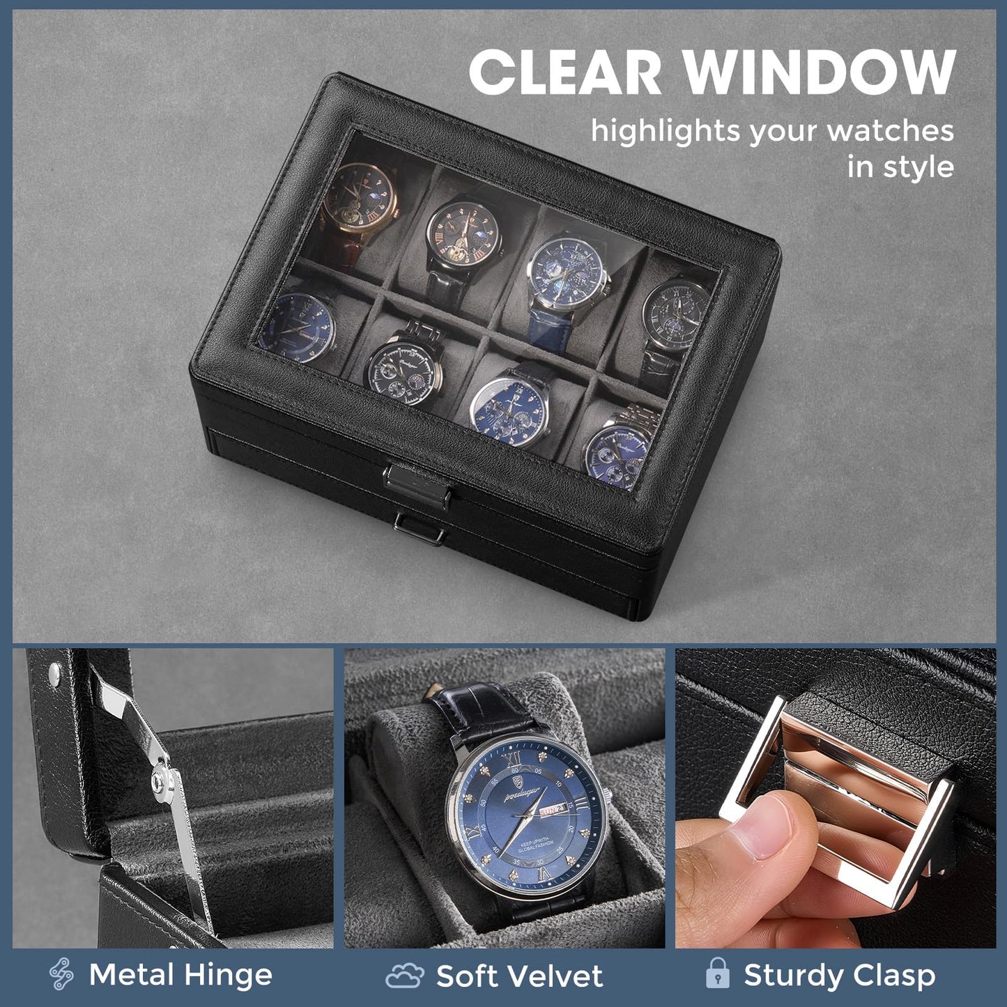 ProCase Watch Box for Men, Jewelry Organizer Box with Drawer, Display Storage Case with Glass Lid -Black, 8 Slot
