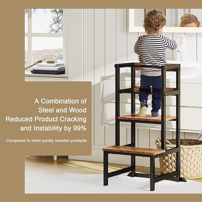 Kitchen Step Stool for Toddlers, Height Adjustable Toddler Tower with Safety Rail, Steel and Wood Toddler Kitchen Stool Helper Kids, Stool for Kids, Learning Tower, Kids' Desk Brown