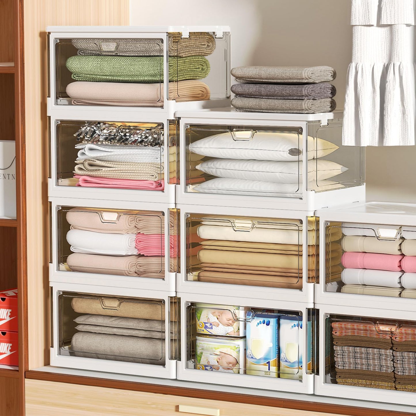 Kmiectse Clear Storage Bin with Lid 3 Pack 【Stackable & Sturdy】 Plastic Multifunctional Folding Storage Bins for Bedroom, Living Room, Study,Room, 23 QT Folding Box with Magnetic Door