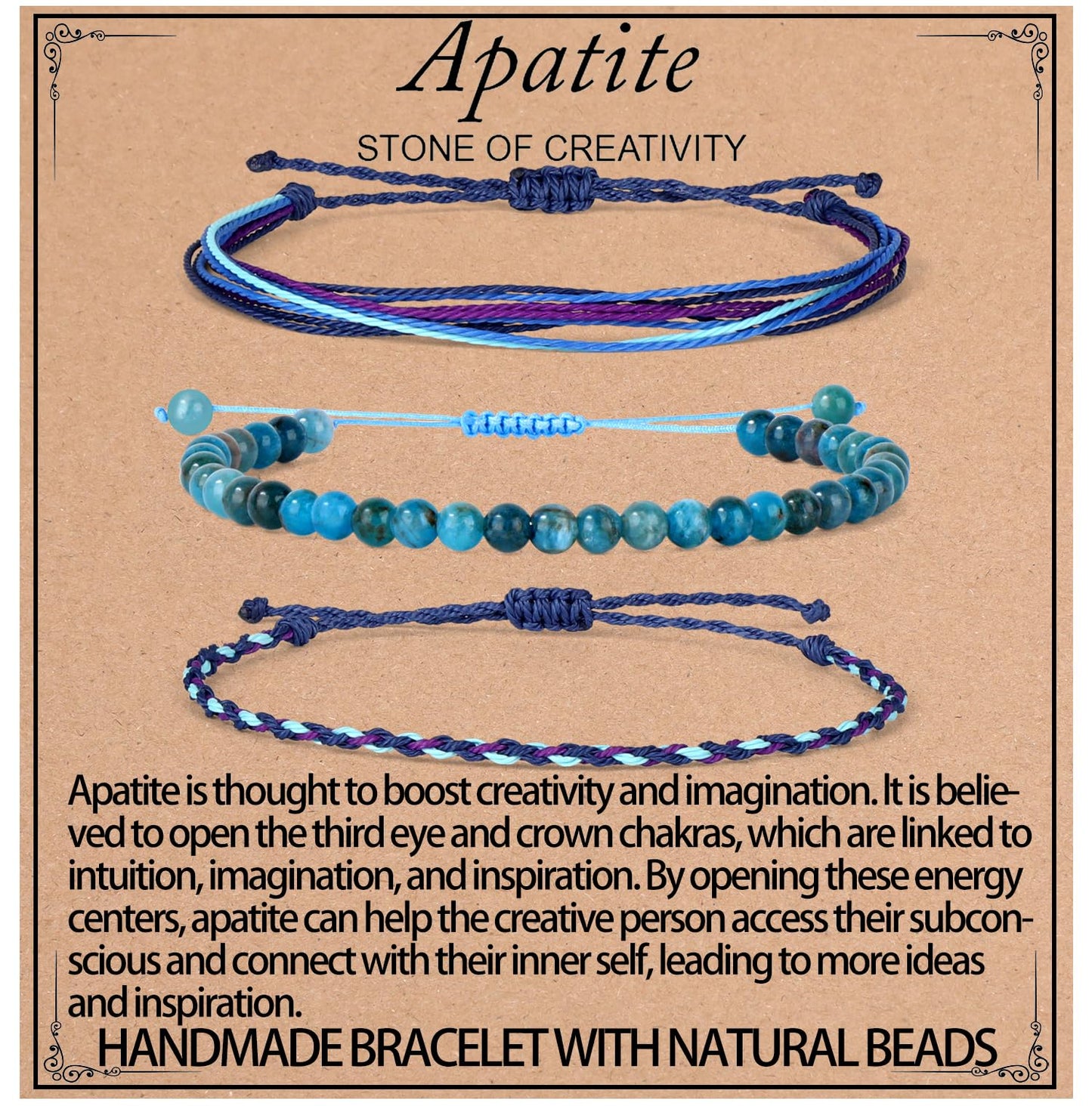 QOGIR Handmade Healing Bracelets,4mm Natural Blue Apatite Gem Stone Beads Bracelet for Men Women Gifts with 2PCS Size Adjustable Rope Bracelets