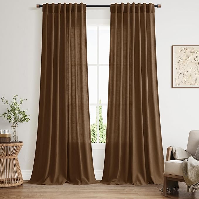 Tobacco Brown Linen Curtains 90 Inch Long for Bedroom Living Room Linen Textured Window Drapes Semi Sheer Light Filtering Rod Pocket Back Tab Cotton Textured Farmhouse Curtain 52x90,2 Panels