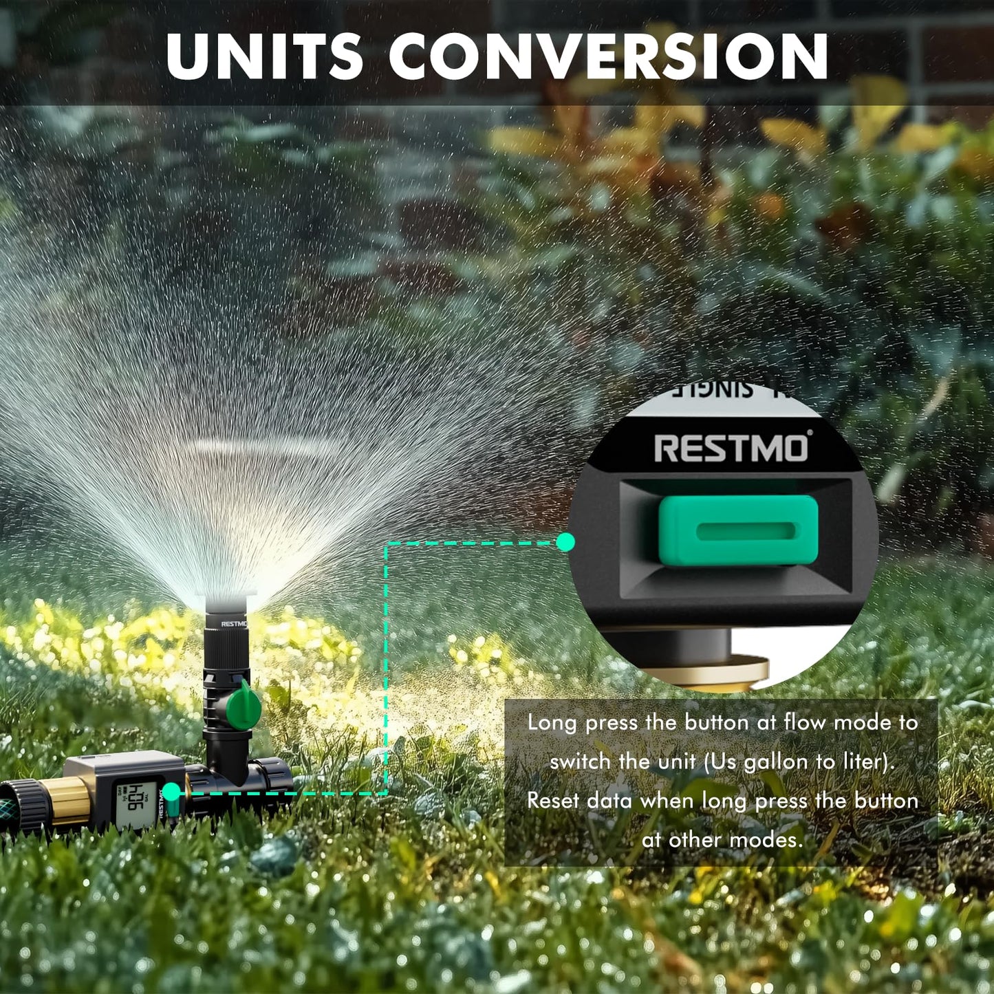RESTMO Smart Water Flow Meter with Screen Backlight, Brass Inlet & Outlet, Measuring Gallon/Liter Consumption & Flow Rate for Garden Watering, RV Filling, Sprinklers & Nozzle - APP Control