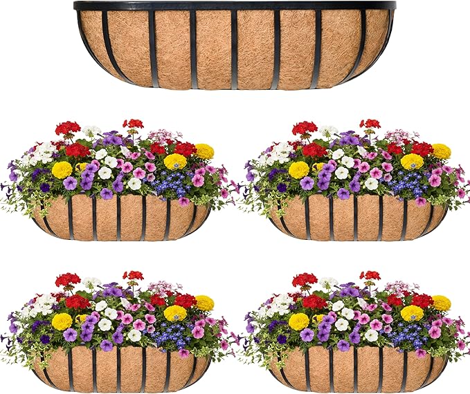 36“ Window Box Railing Planter with Coco Liner Metal Wall-Mounted Coconut Liner Planters Basket English Horse Trough Planter for Outdoor Deck Balcony Porch Fence Patio Black (4 Pack)