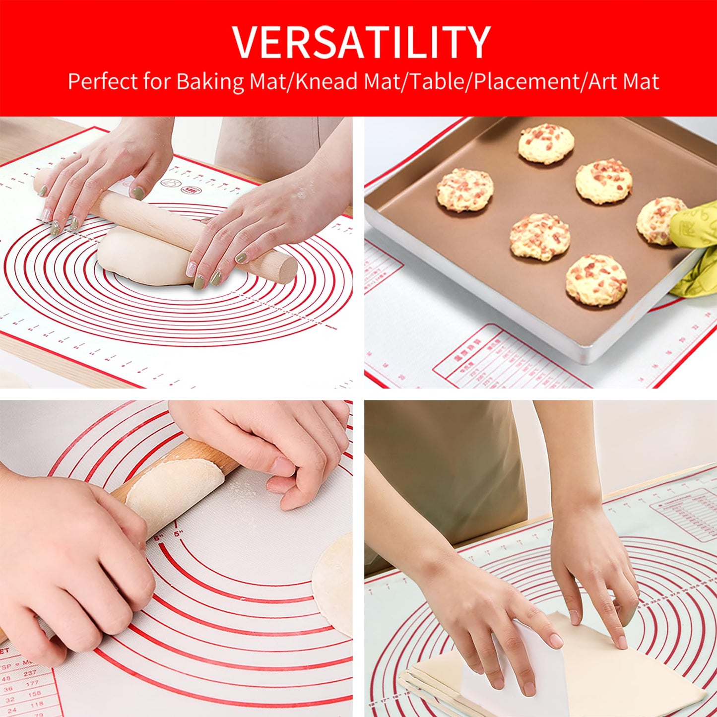 Silicone Baking Mat Super Large, 32x24 inch Silicone Pastry Non Stick Kneading Mat with Cable Ties and Dough Scraper, Measurement Food Grade Silicone Mat for Rolling Dough