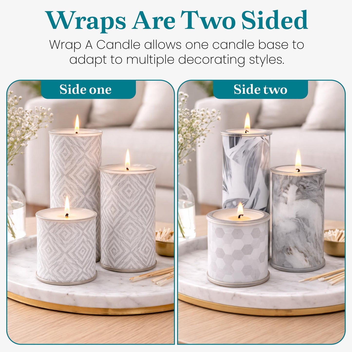 Decorative Candle Holder Set of 3 Home Decor, Reusable Interchangeable Pillar Candle System Decorative Wraps, Refillable Tea Light Centerpiece Candles for Holiday Decor, Table Styling & Gift Giving