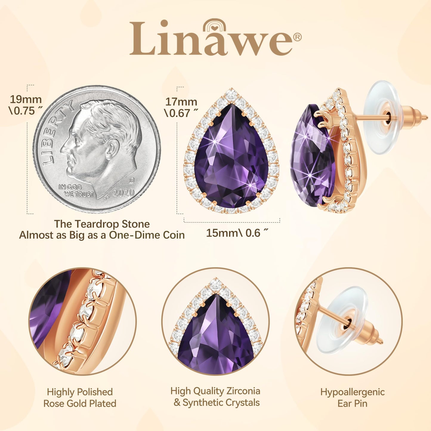 Linawe Purple Earrings Studs, Imitation Diamond Stud Earrings for Women, Cubic Zirconia Teardrop Rhinestone Crystal Piercing Jewelry Rose Gold, Wedding Brial Bridesmaid Costume Earring Set