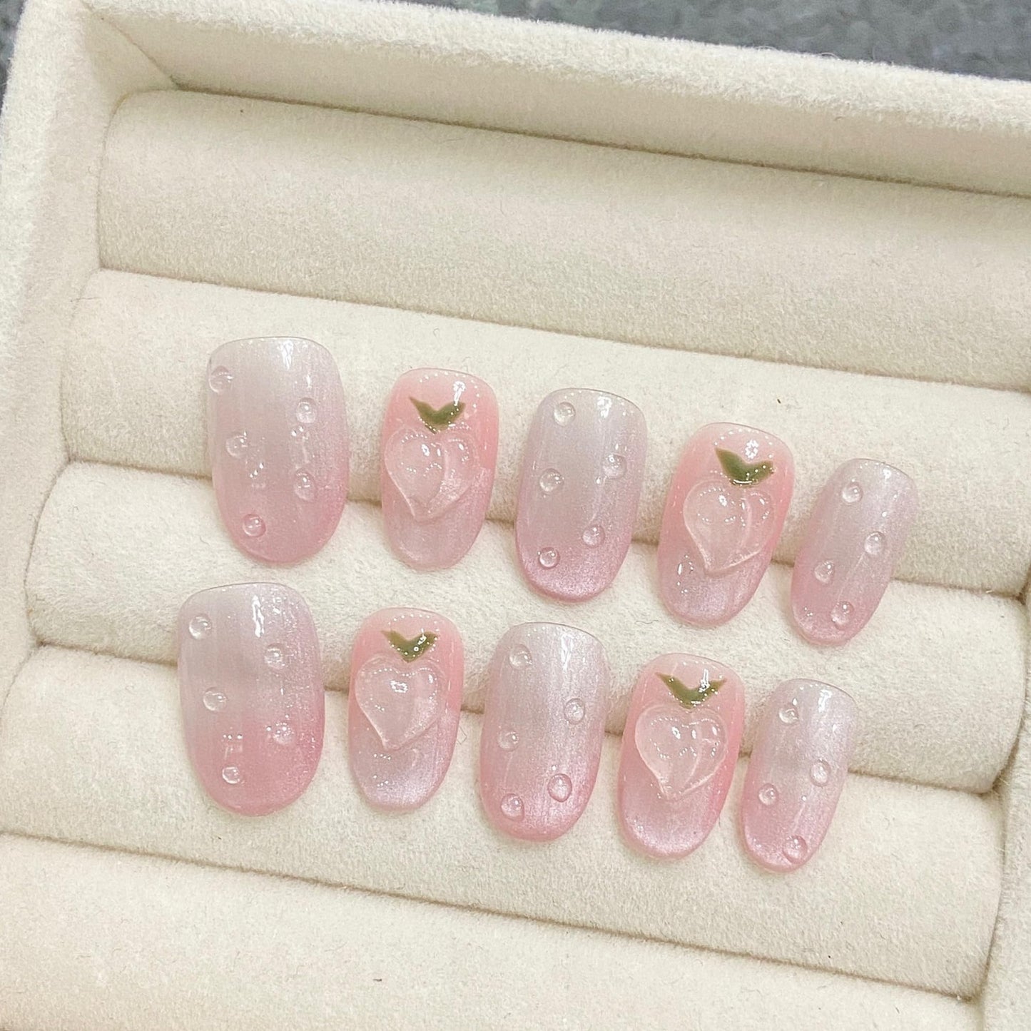 Wsiliana Handmade Fake Nails Press On Nails Medium Short Coffin Pink Tip 3D Design Art Charms Cute with Storage Box 10 Pcs (046, L)