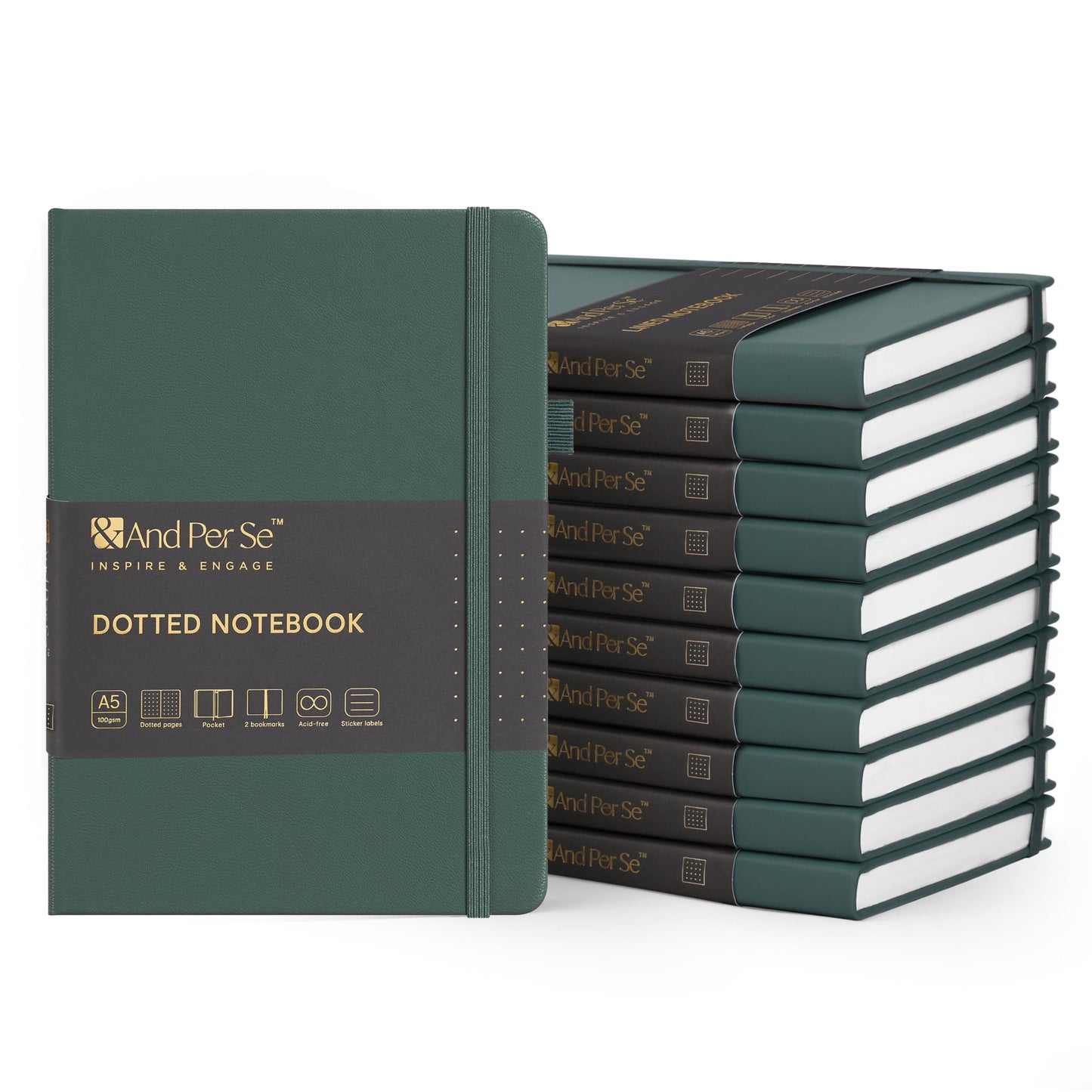 &And Per Se 10-Pack Dotted Notebooks, A5 Hardcover Dotted Journal Set, 160 Pages, 100gsm Paper, Office Supply Bulk Order, Corporate Workshop Materials – 3 Sticker Sheets Each (Green)