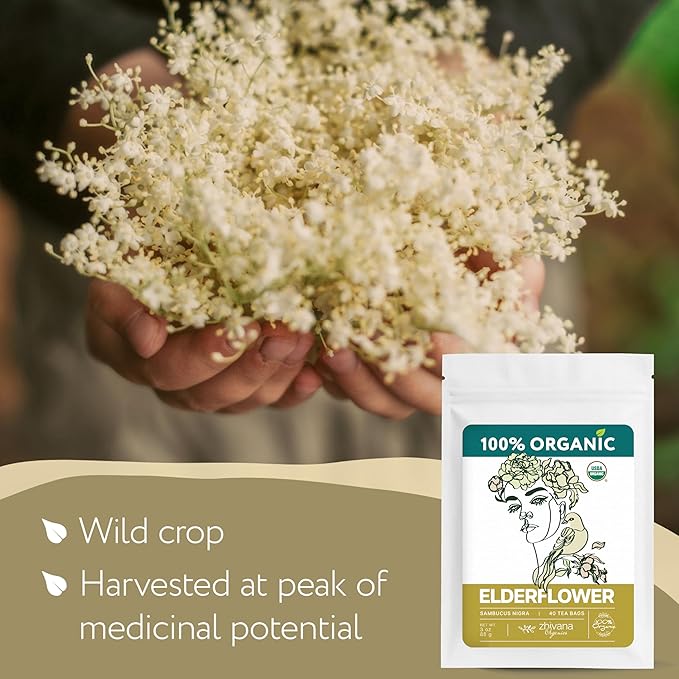 Organic Elderflower Tea (40 Tea Bags) - Elder Flowers Tea for Respiratory Health, Immunity - Herbal TeaBags for Cold Weather Days - Seasonal Blend - Te de Flor de Sauco