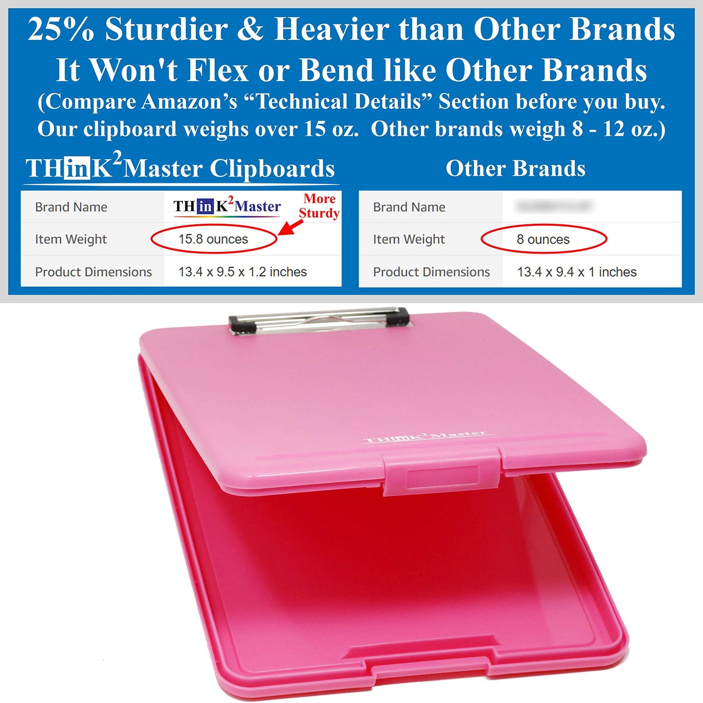 Think2Master Pink Plastic Storage Clipboard. | 25% Heavier & 25% Sturdier| Heavy Duty and Won’t Flex or Bend Like Other Brands (Compare The Weight). Storage Compartment Holds 150 Letter Sized Paper.