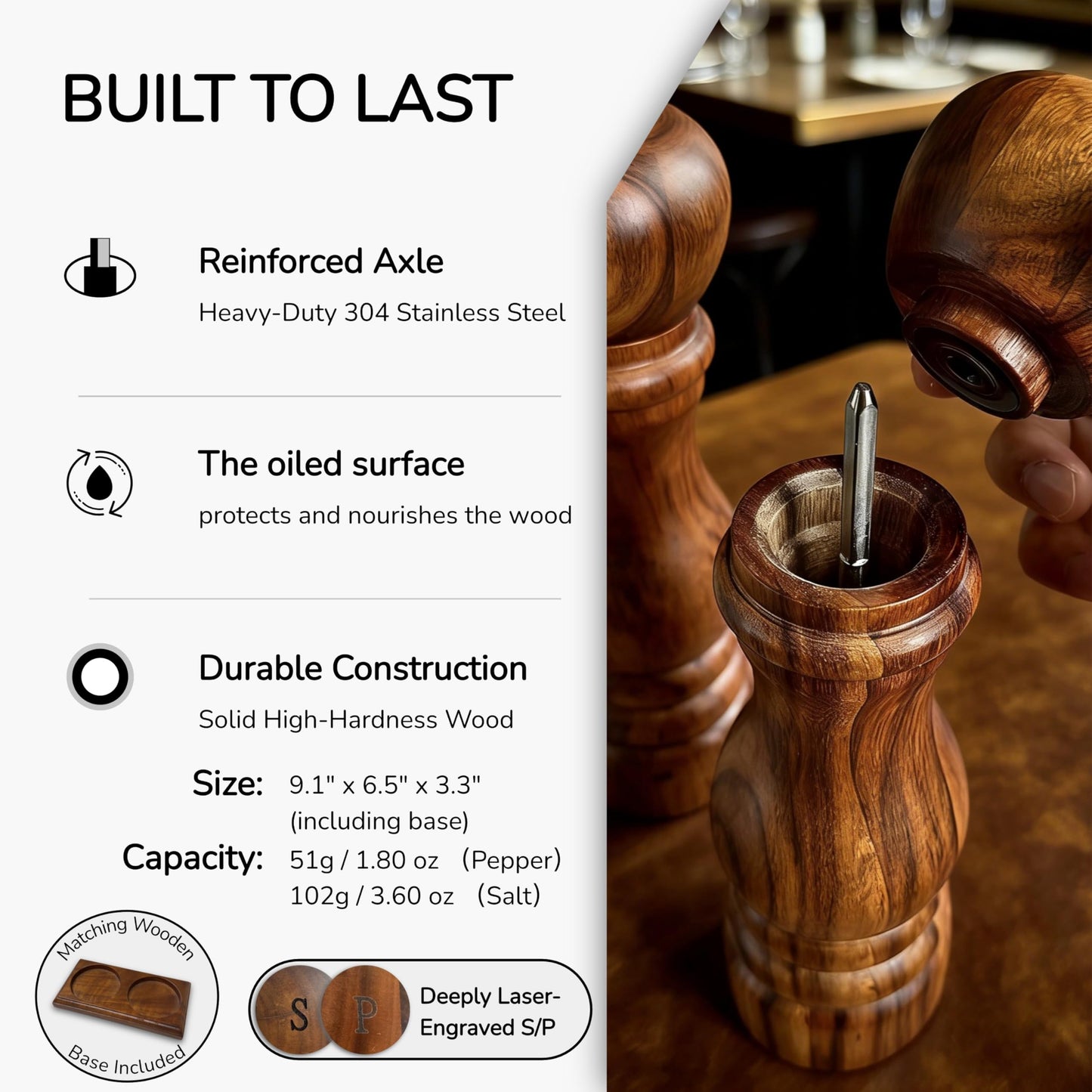 Aurevit Wooden Salt and Pepper Grinder Set, Manual Salt and Pepper Mill with Ceramic/Stainless Steel Core, Refillable Salt Grinder with External Adjustable Coarseness, 9” Tall (Beech)