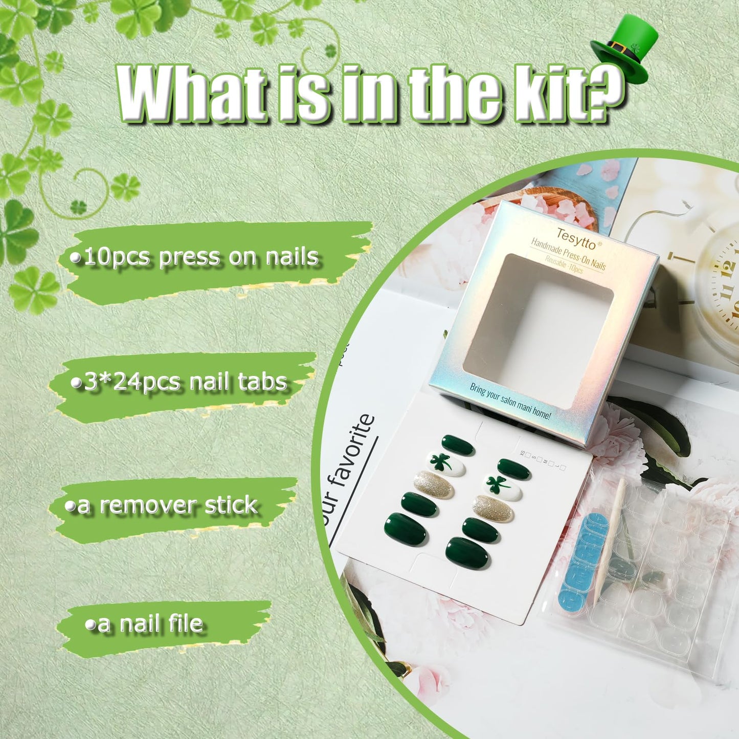 Tesytto Short Oval Press On Nails, Deep Green Silver Glitter Hand-Painted Clover, Reusable Full Cover Acrylic Nail Art (Size M)