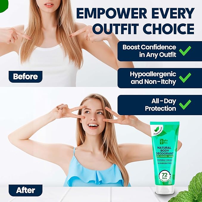 Violet Vibes Deodorant Cream for Women | Hypoallergenic & Gentle On Skin | Noni Leaf Extract, Aluminum-Free, Sensitive Skin, Fresh Odor Control for Whole Body 100mL (3.4 fl oz.) (Peppermint)