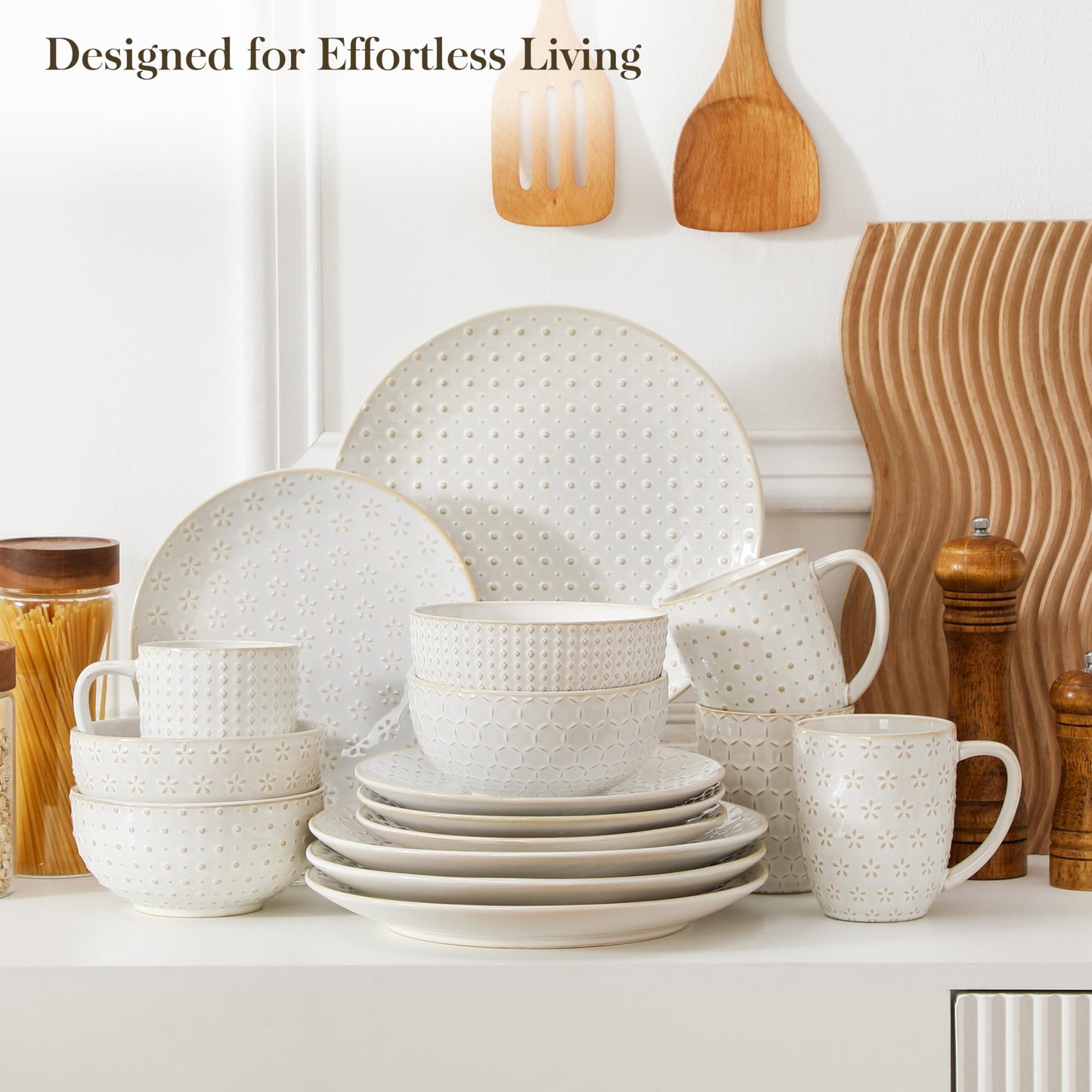 MALACASA 16 Pieces Dinnerware Sets, Modern Relief Design Plates and Bowls Sets, White Dish Set for 4, Kitchen Ceramic Dinner Plates Dishware Set, Microwave and Dishwasher Safe, Series LYDIA