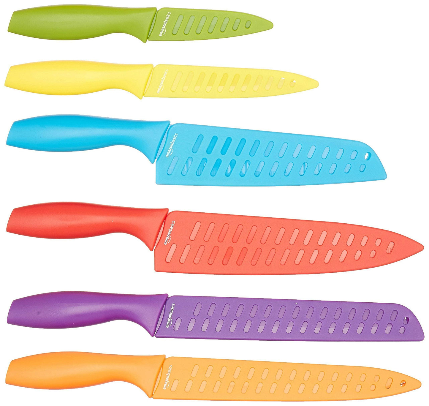 Amazon Basics Color-Coded Dishwasher Safe Kitchen Knife Set, 12-Piece with Ergonomic Handles, Non-stick Sharp Blades, 6 Knives with 6 Blade Guards, Multicolor, 13.88 x 4.13 x 1.38 inch