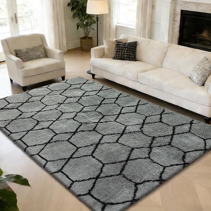Shag Area Rug for Bedroom 4x6,Fluffy Area Rugs for Living Room,Geometric Soft Fuzzy Rug Non-Shedding Indoor Plush Carpet for Kids Bedroom Nursery Dorm Home,Grey and Black