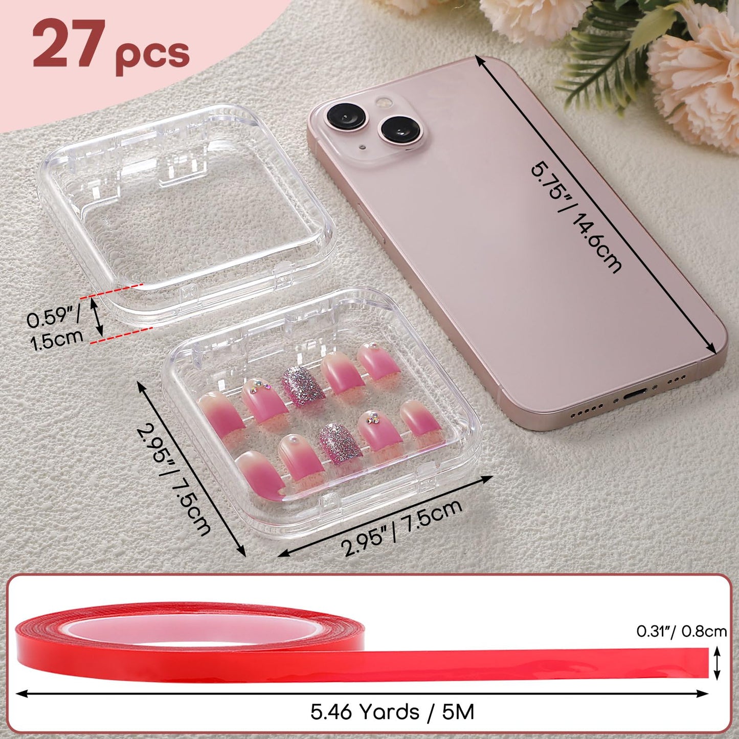 Noverlife 27 Set Press-On Nail Packaging Display Box w/ Adhesive Tape, 3x3" Clear Fake Nail Storage Container