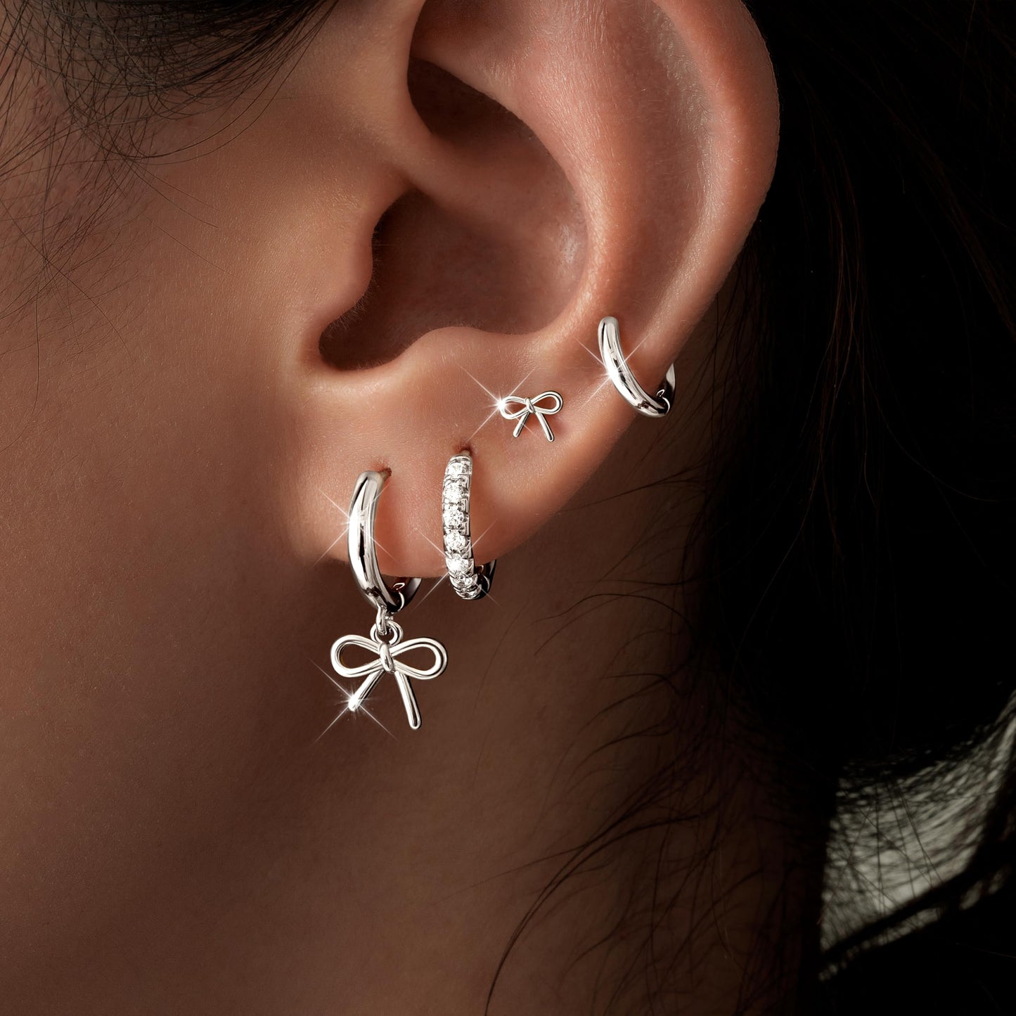 Silver Bow Earrings for Women,Huggie Small Stack Cartilage Stud Hoop Earring Sets for Multiple Double Piercing, Conch Helix Rook Tragus Daith Piercing Silver Clip On Jewelry Set Gifts