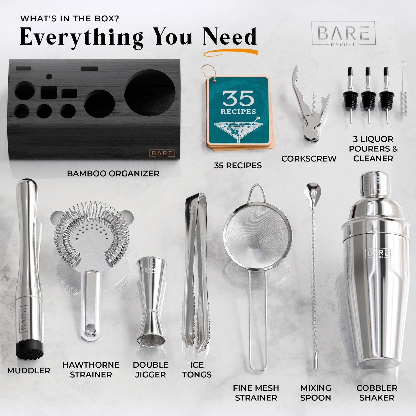 BARE BARREL® Mixology Bartender Kit Bar Set | 14-Piece Cocktail Shaker Set | Martini Barware Mixing Tools for Home Bartending | Incl. 35 Recipe Cards | Gift Set (24oz Cobbler Shaker, Silver/Black)