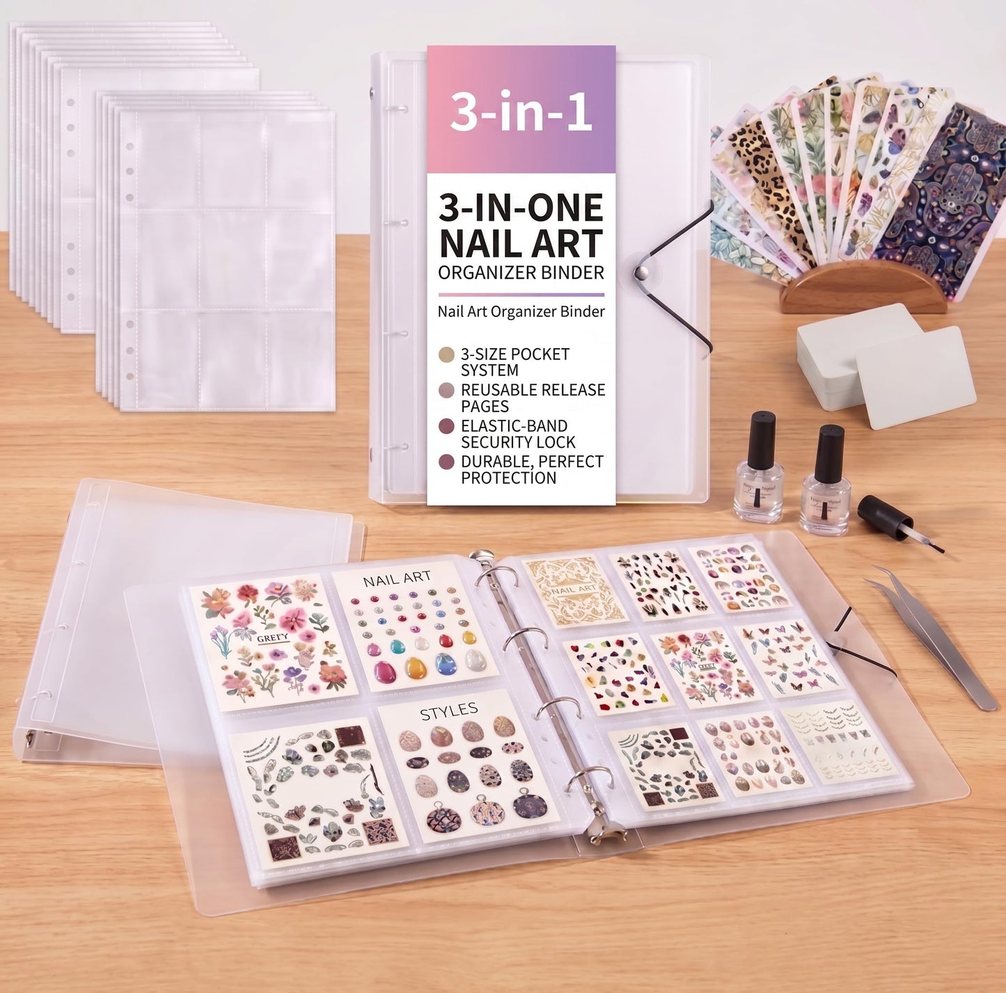 3-in-1 Press On Nail Storage Book,A4 Nail Art Organizer, 2/4/9-Pockets A4 Binder for Nail Stickers, Stamping Plates, and Press-on Nails, Professional Decal Holder for Nail Techs;sticker organizer